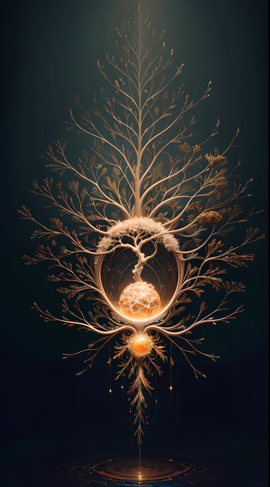Beautiful symmetrical full body photo painted in oil with thick brushstrokes and wet paint, Fibonacci, golden ratio, melted wax, visible brushstrokes, surrounded by crystal spheres, 3D tessellation wireframe, neural graphic, neurons, tree of life, color, love, passion, oil on canvas, thick brushstrokes, insanely detailed, 8k uhd, masterpiece, artstation, surreal