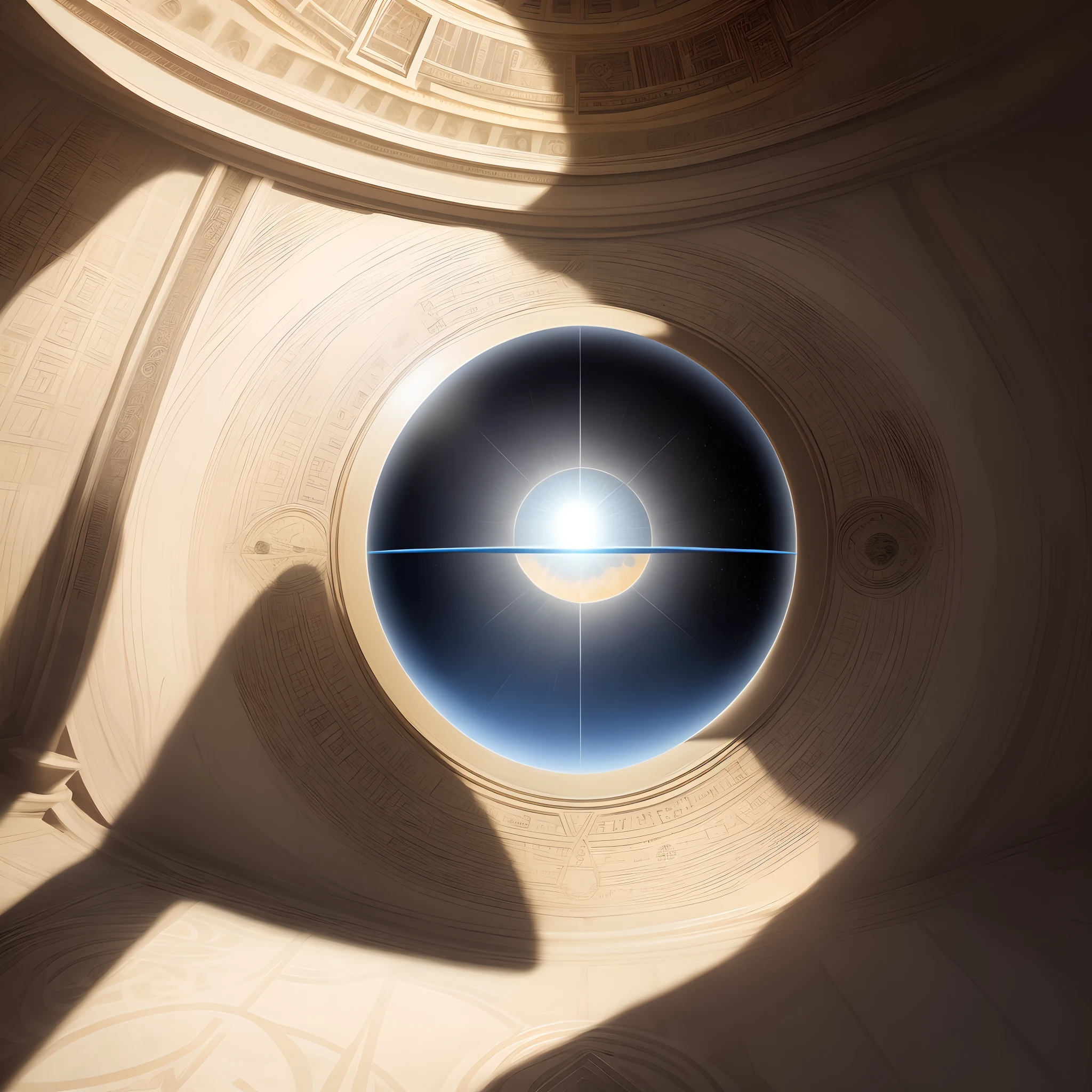 photorealistic flat earth under a dome with sun and moon inside dome and all seeing eye under the dome as well. Instead of surrounded by an ice wall, make the flat earth surrounded by masonic checkered floor pattern