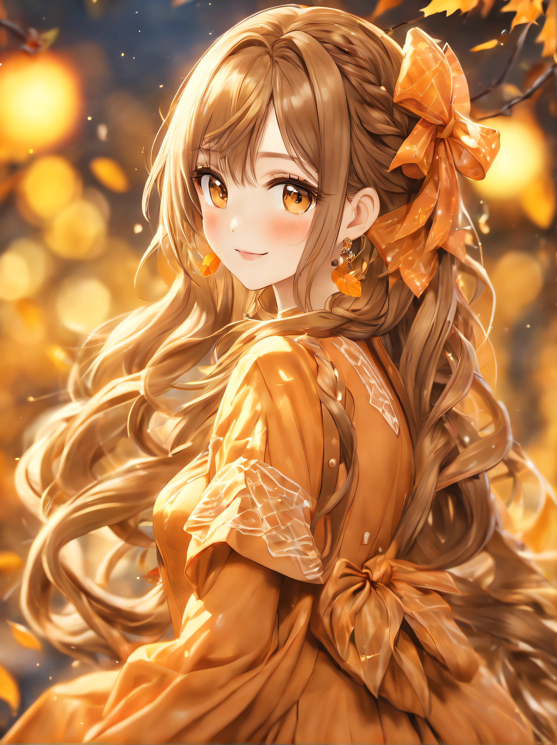 (Best Quality:1.5, Highres, UHD, 8K, Detailed Lighting, Shaders), Brown Long Hair, Braided Layered hairstyle, Orange Ribbon, Orange Cute Dress, (POV), Autumn Background, Happy scene, Colorful Eyeshadow, Dramatic Lighting, Sparkling Eyes, Confident Expression, Golden Earrings, Braided Layered hairstyle, Delicate Facial Features, Soft Skin, High Cheekbones, Stylish Clothing, Autumn Setting, medium body portrait, Looking at viewers, Sharp Focus, Best lighting effects, Very detailed, hyper-detailed, Sharp detailed
