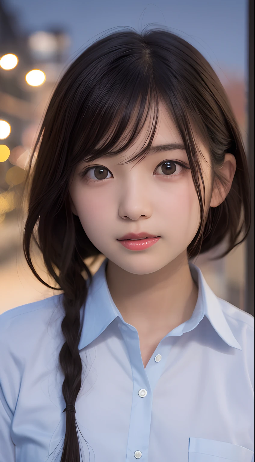 (One Girl), Very cute face, Great face and eyes, (Highly detailed eyes, Highly detailed face), Fresh, Very beautiful appearance, (Super realistic, High resolution), (highest quality:1.4), RAW Photos, (Realistic, Photorealistic:1.37), Professional photography , (see-through white  junior high school uniform:1.3) , (Cleavage:1.2), (Exposing shoulders), Smile a little, (Look at me) , Portrait of a Girl  , (Huge breasts)   , Bare shoulders , () , (ponytail hair) , (The uniform sticks to her and her nipples are visible:1.02) , (small nipple slip from white uniform:1.3)  , wet uniform 