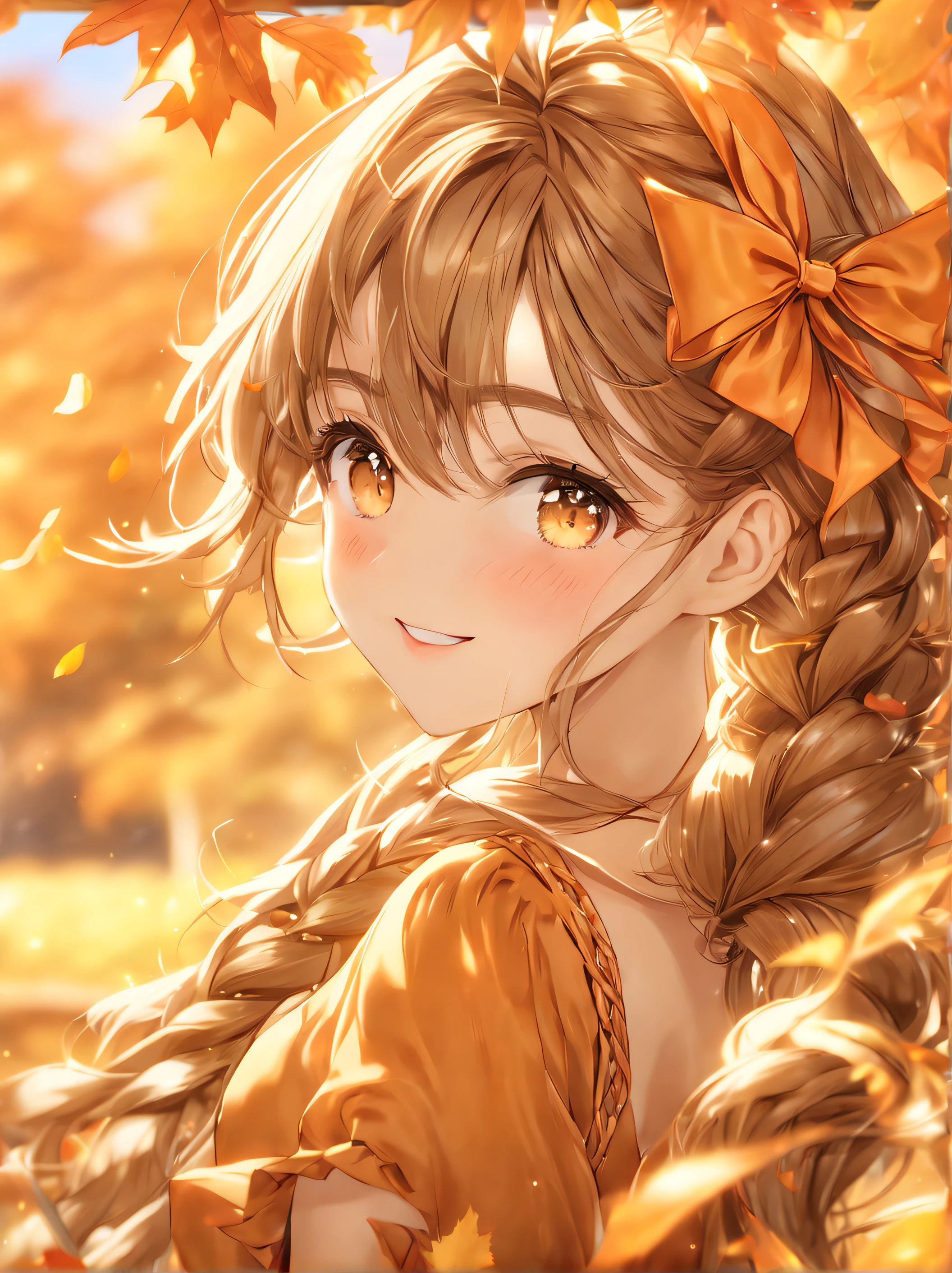 (Best Quality:1.5, Highres, UHD, 8K, Detailed Lighting, Shaders), Brown Long Hair, Braided Layered hairstyle, Orange Ribbon, Orange Cute Dress, (POV), Autumn Background, Happy scene, Colorful Eyeshadow, Dramatic Lighting, Sparkling Eyes, Confident Expression, Golden Earrings, Braided Layered hairstyle, Delicate Facial Features, Soft Skin, High Cheekbones, Stylish Clothing, Autumn Setting, medium body portrait, Looking at viewers, Sharp Focus, Best lighting effects, Very detailed, hyper-detailed, Sharp detailed