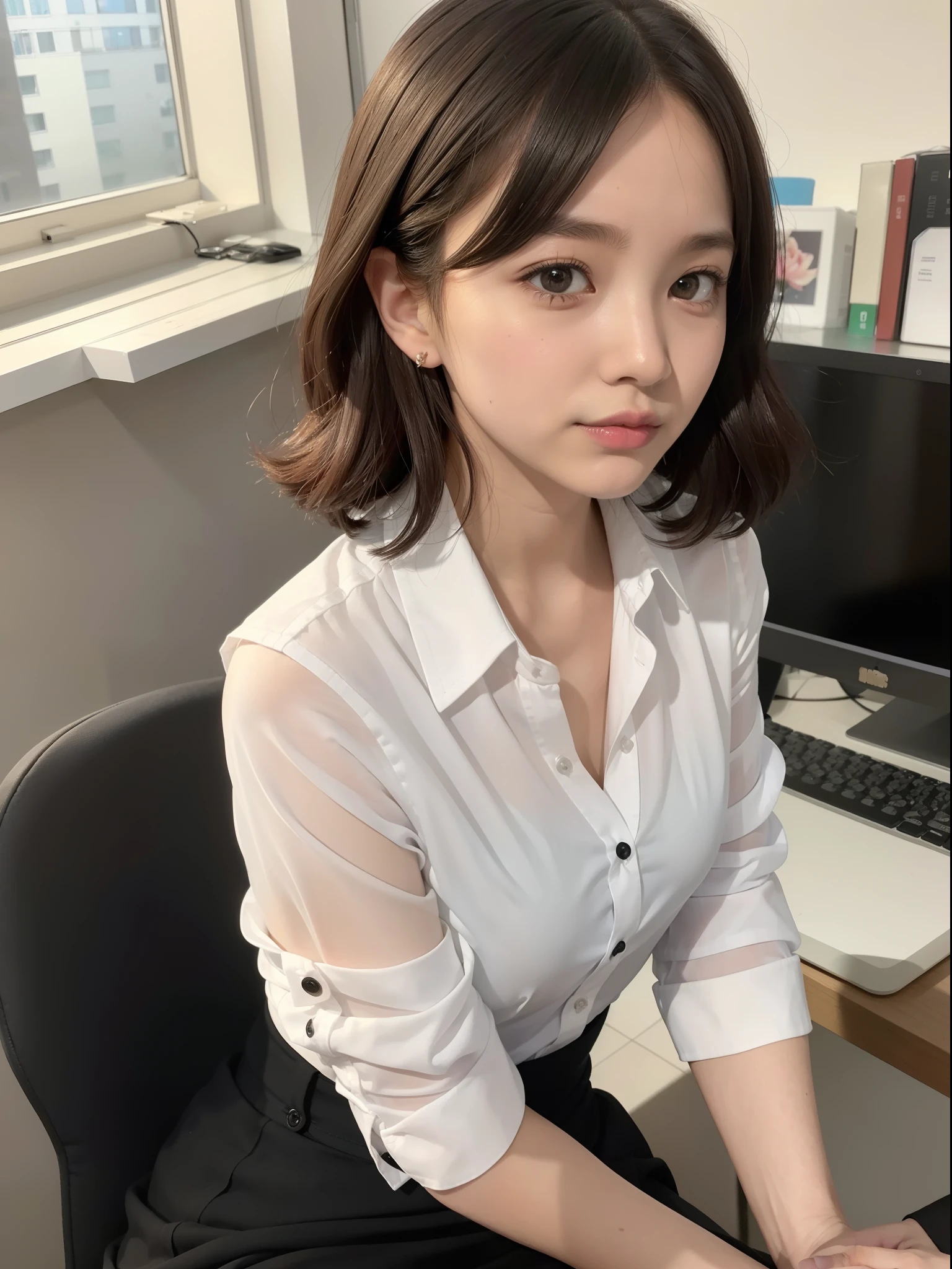 ((of the highest quality, 8K, masutepiece: 1.3, Raw photo)), Sharp Focus: 1.2, (1 AESPA Girl :1.1), Solo, (Realistic, Photorealistic: 1.37), (Face Focus: 1.1), Cute face, hyperdetailed face, short messy hair, (updo: 1.2), Small Smile, small breasts, flat chest, thigh, nude, (black chiffon button down shirt: 1.3), business skirt, office room, flower, rose