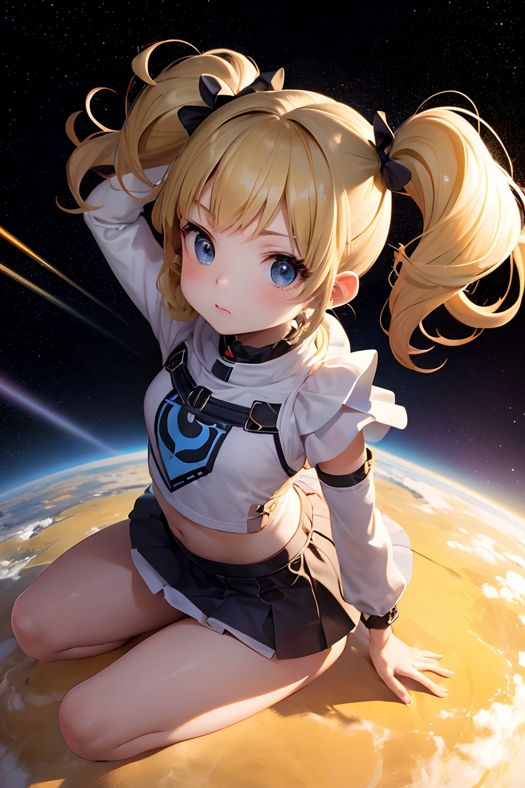 Pr0t0ssE style space planet,(((Petite girl with blonde twin tails))),