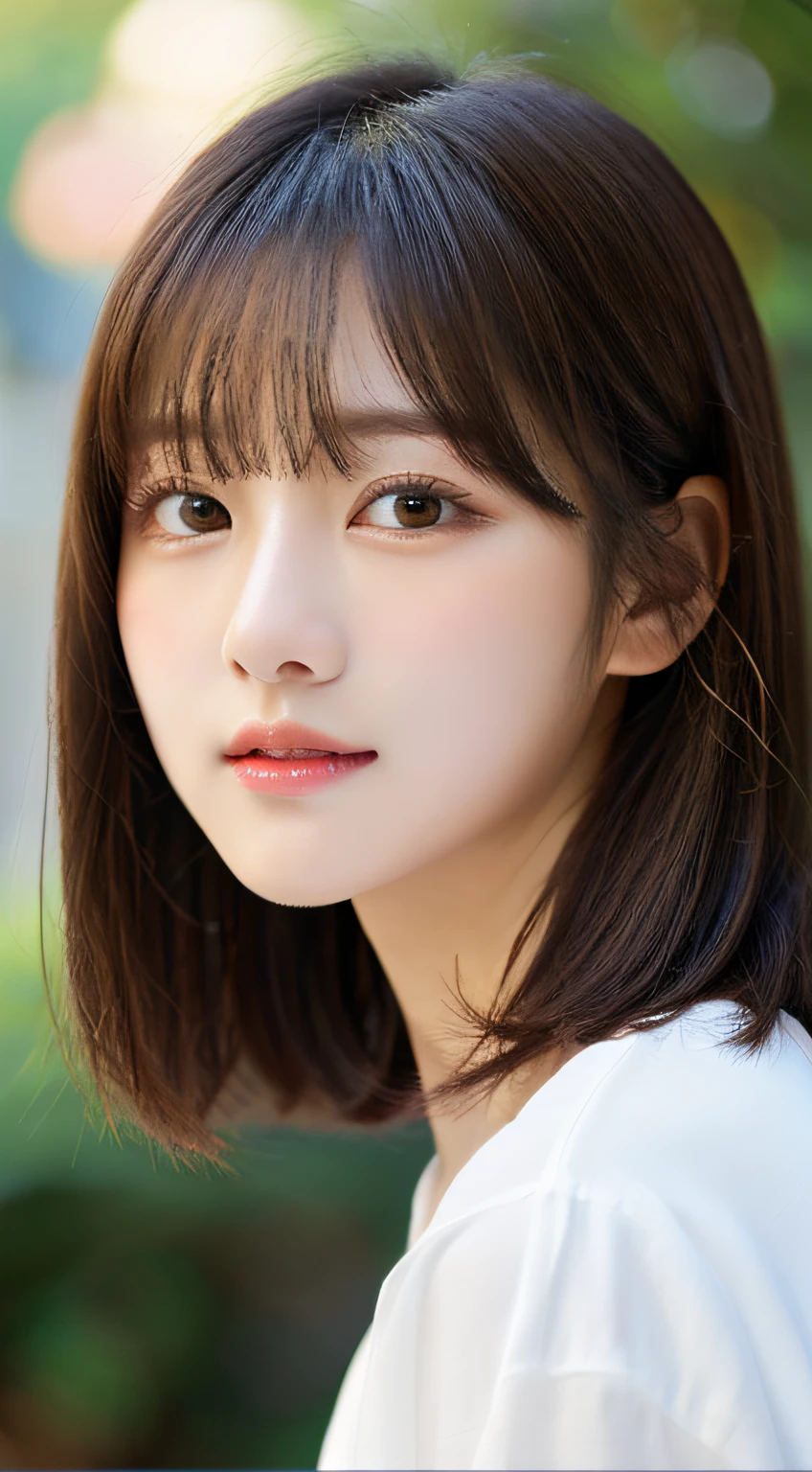 ((Beautiful and shiny、Neat straight bob hair))、En plein air, 独奏,top-quality、hyper HD、By bangs　(Beautiful fece:1.3) ((kawaii:1.3))、(()) White shirt　decolletage　Natural color lips　(Lori)  Sense of cleanliness　Pure　half-open lips　((kawaii)) ((frontage))