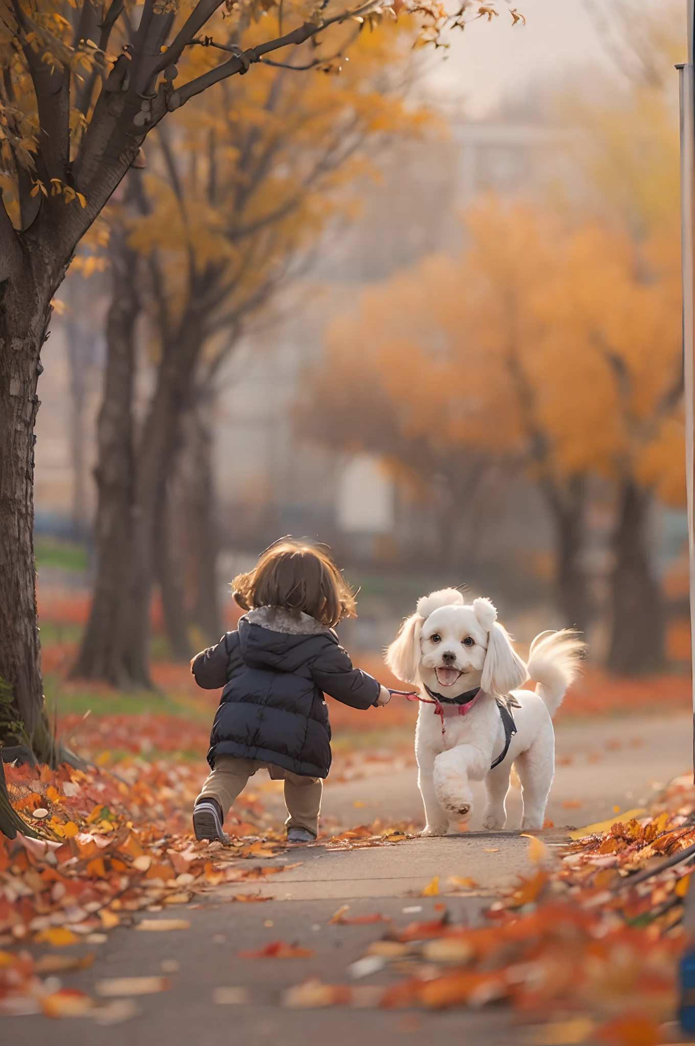 Owner of a Two Dogs, Toy Poodles and Maltese, I'm enjoying a nice playdate. Silky Coat Toy Poodle、Walk gracefully, While the Maltese in a fluffy coat playfully jumps. They greet each other、They smell each other curiously. The owner、I'm happily watching this adorable encounter.autumnal