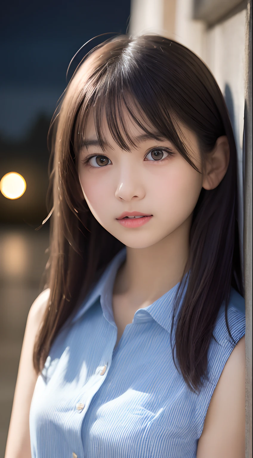masutepiece, Best Quality, 8K, 8ars old, Teen, Raw photo, absurderes, award winning portrait, Smile, Solo, (Night:1.8), Idol face, Delicate girl, Upper body, Digital SLR, Looking at Viewer, Candid, Sophisticated,Thin arms, Professional Lighting, Film grain, chromatic abberation, (Eyes and faces with detailed:1.0), (Bokeh:1.1) , (Office Lady Uniform:1.1) , closes mouth , A dark-haired , drooing eyes , large full breasts , (Thick lip:1.2) , 15ear facered-lips