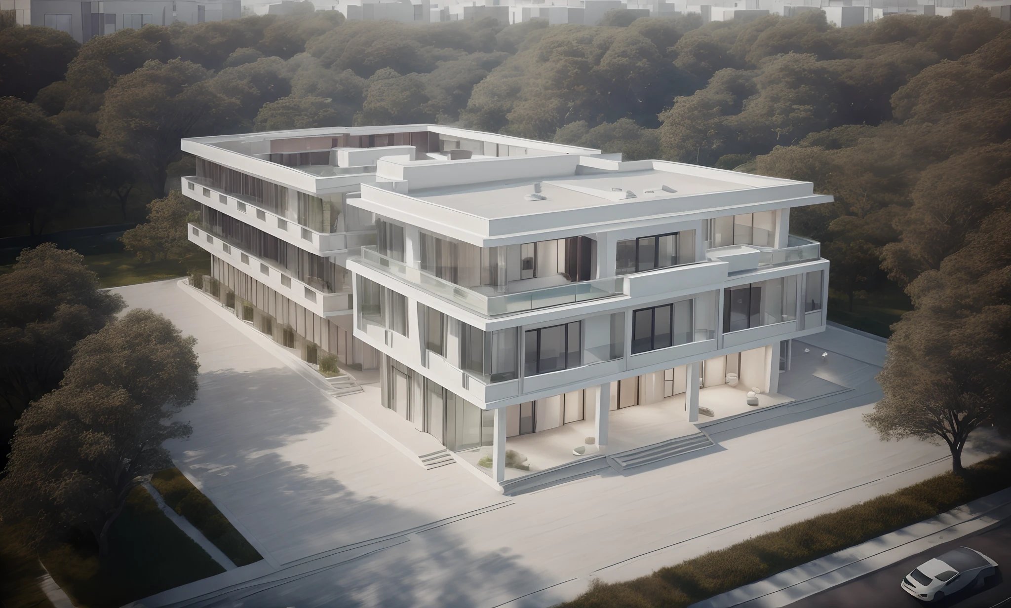 Exterior, house, luxury, modern style, reflective glass material, white wall paint, stone wall, wooden ceiling, in the city, crowded street, many cars, many people, many trees, Trees on the roof, sunrise, empty clouds, 8k, vray images
