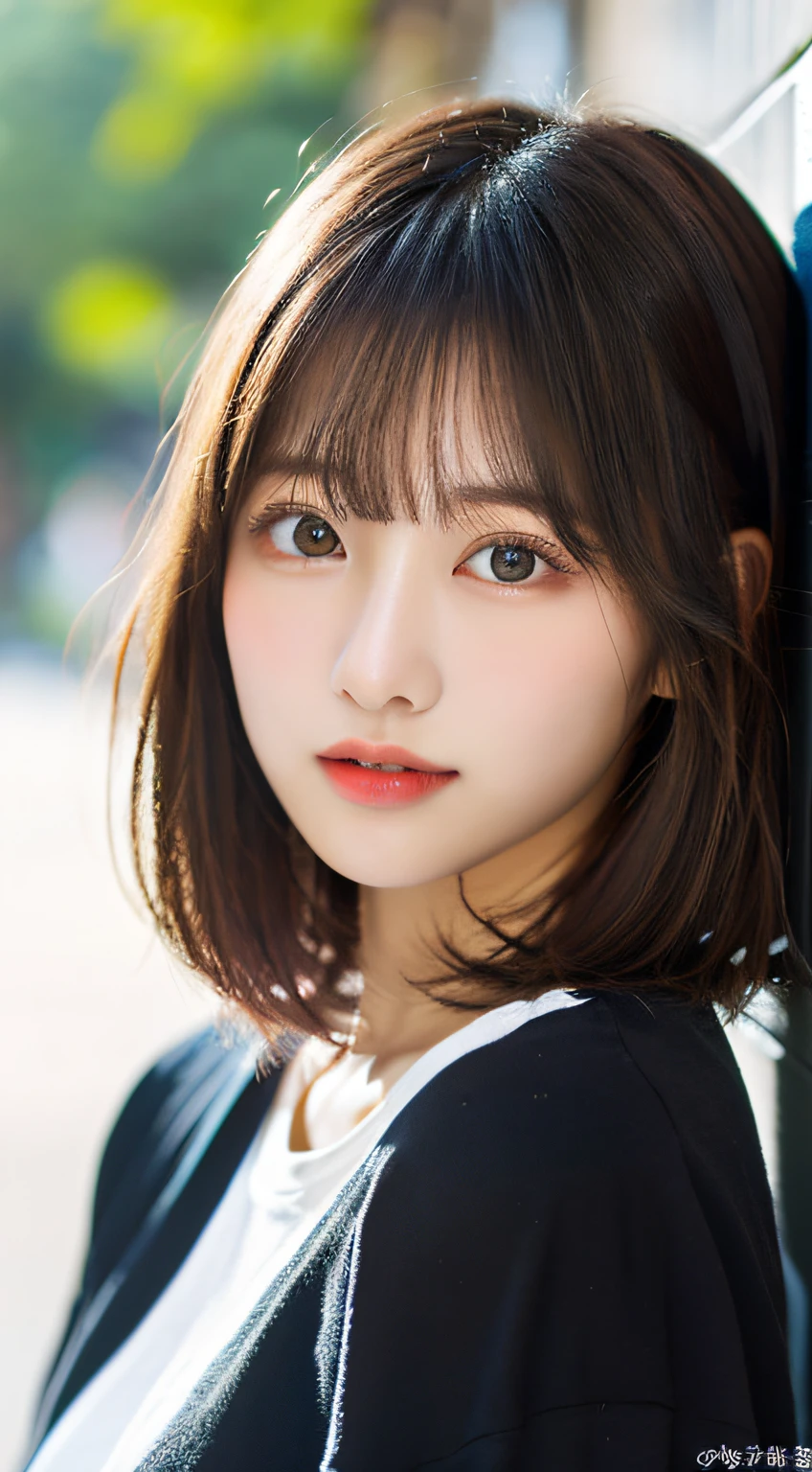 ((Beautiful and shiny、Neat straight bob hair))、En plein air, 独奏,top-quality、hyper HD、By bangs　(Beautiful fece:1.3) ((kawaii:1.3))、((Sixteen years old)) White shirt　decolletage　Natural color lips　(Lori)  Sense of cleanliness　Pure　half-open lips　((kawaii)) ((frontage))