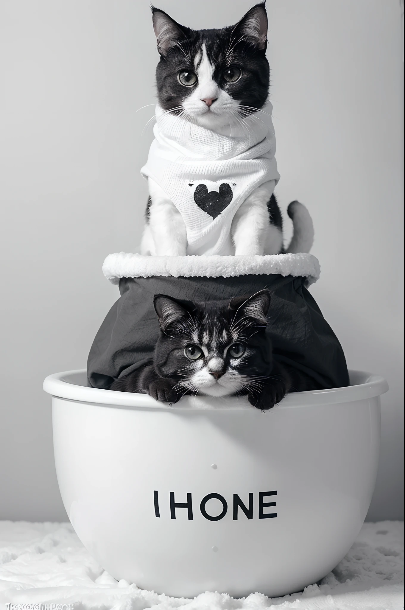 /imagine prompt:/imagine prompt:Ho Ho! winter theme t-shirt project, logo project, , CUTE cat in the bowl , cat is covered with blanket and hes greeting with one paw, , rising one paw to greet , ink drawing, ink splash, detailed snowflakes background, line art