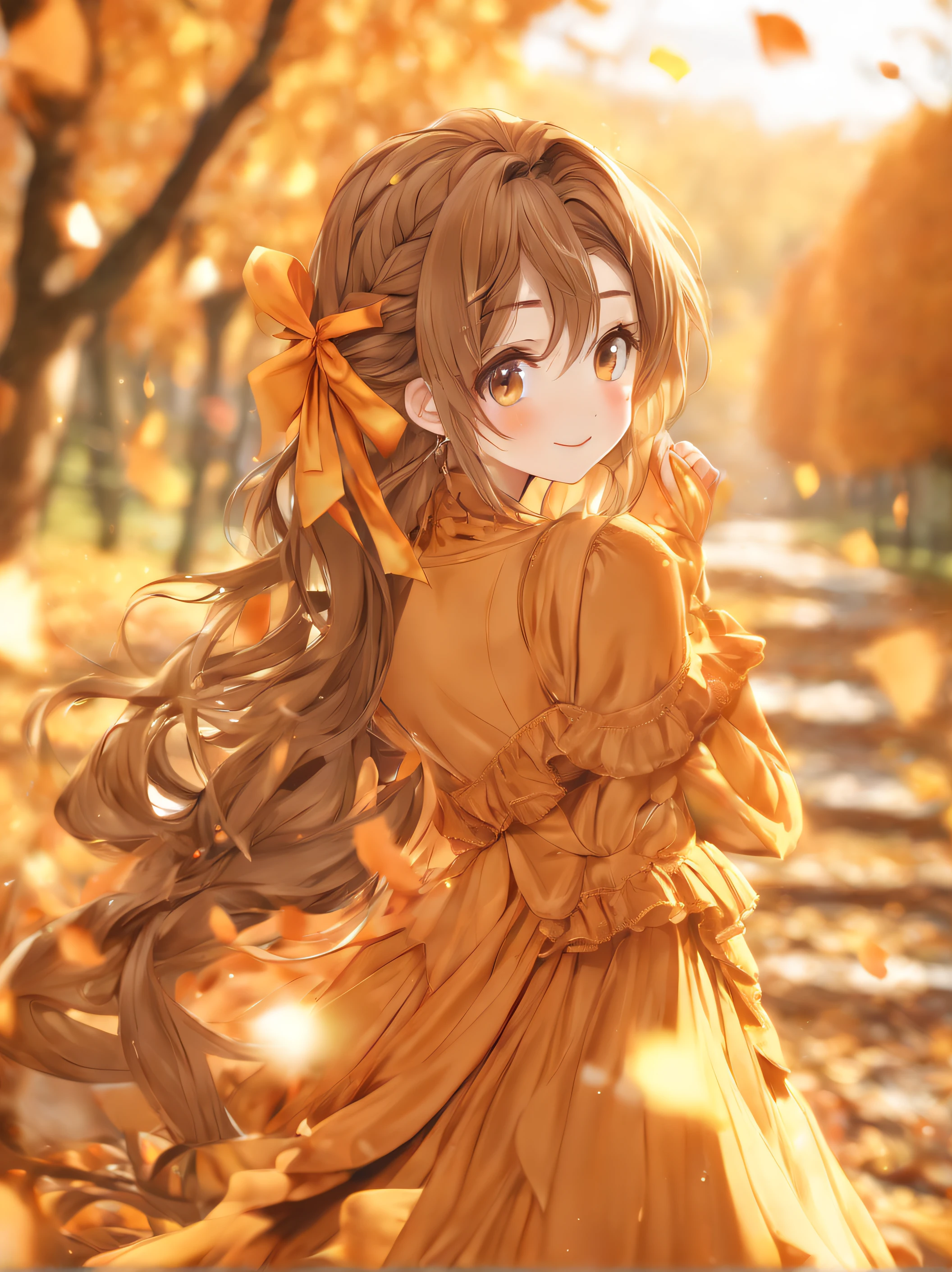 (Best Quality:1.5, Highres, UHD, 8K, Detailed Lighting, Shaders), Brown Long Hair, Braided Layered hairstyle, Orange Ribbon, Orange Cute Dress, (POV), Autumn Background, Happy scene, Colorful Eyeshadow, Dramatic Lighting, Sparkling Eyes, Confident Expression, Golden Earrings, Braided Layered hairstyle, Delicate Facial Features, Soft Skin, High Cheekbones, Stylish Clothing, Autumn Setting, medium body portrait, Looking at viewers, Sharp Focus, Best lighting effects, Very detailed, hyper-detailed, Sharp detailed
