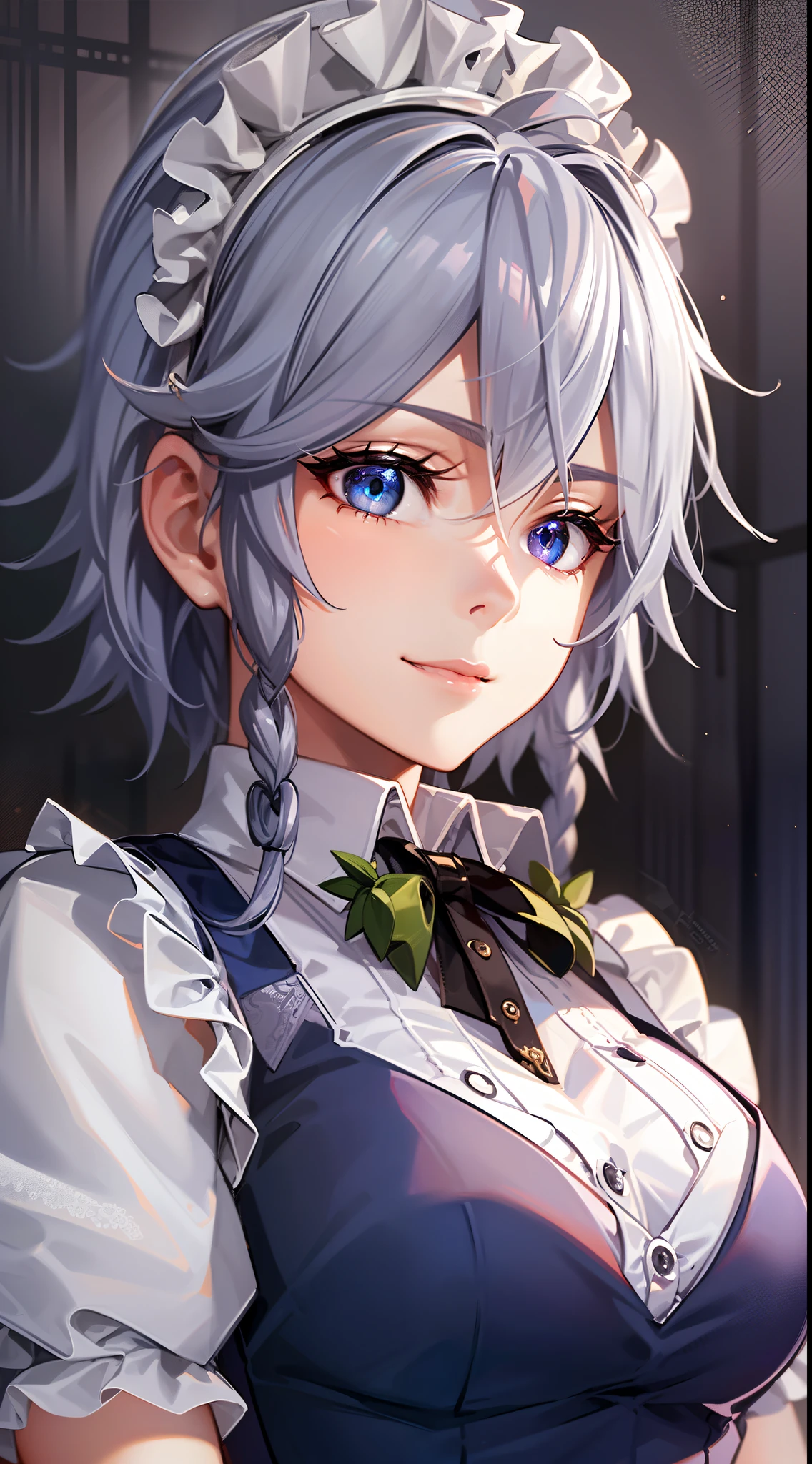 (Unity 16K Wallpaper, masutepiece, Best Quality, Ultra-detailed, extremely details CG, Cinematic lighting, Detailed, Beautiful detailed eyes, Solo),超A high resolution,Fine skin,A sexy,maid, maid apronl, Maid headdress,Knives,seductive smile,from below,