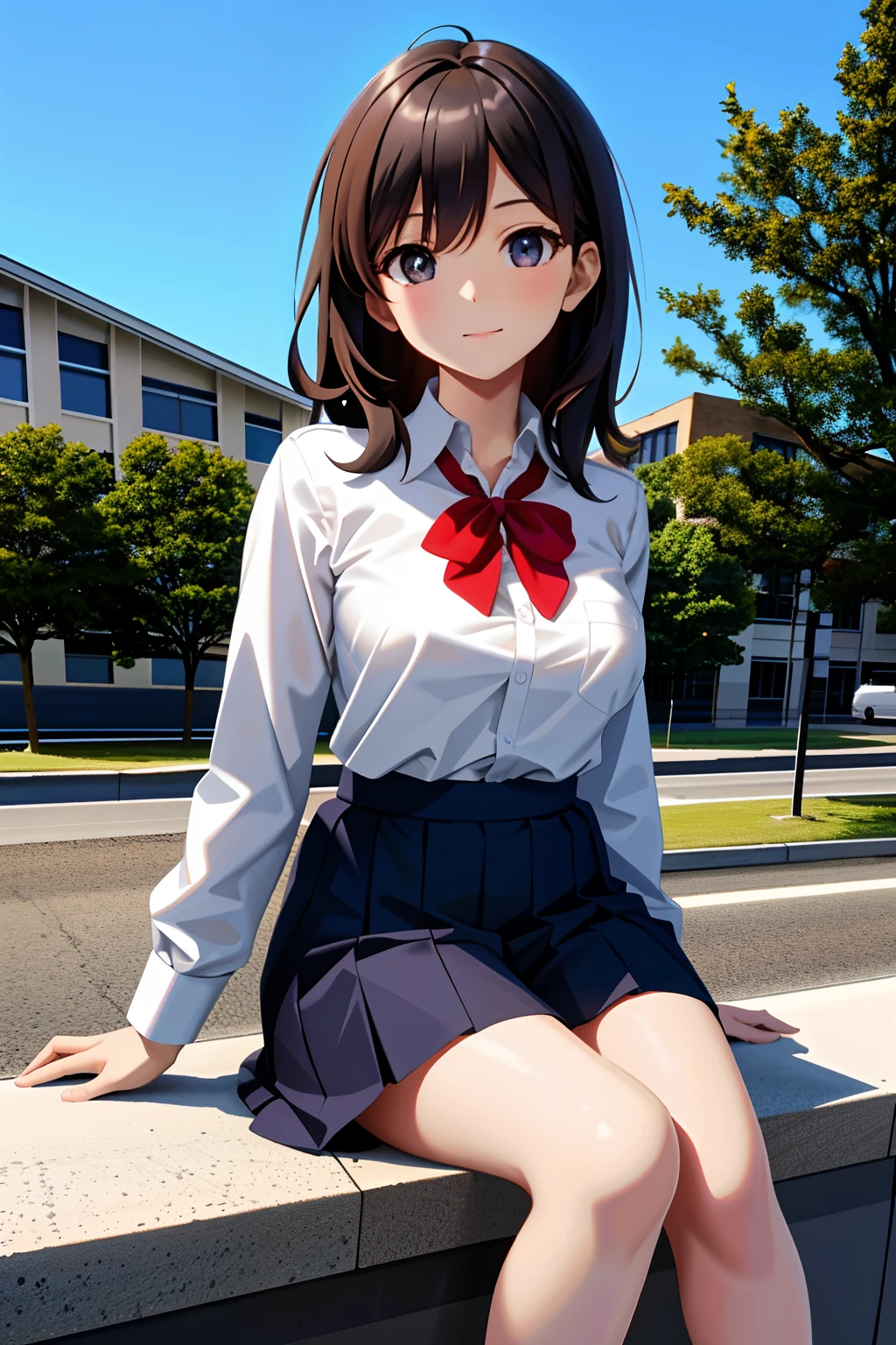 (masterpiece), best quality, high resolution, extremely detailed, detailed background, cinematic lighting, outdoor, 1girl, medium hair, dark hair, medium breasts, school uniform,sitting