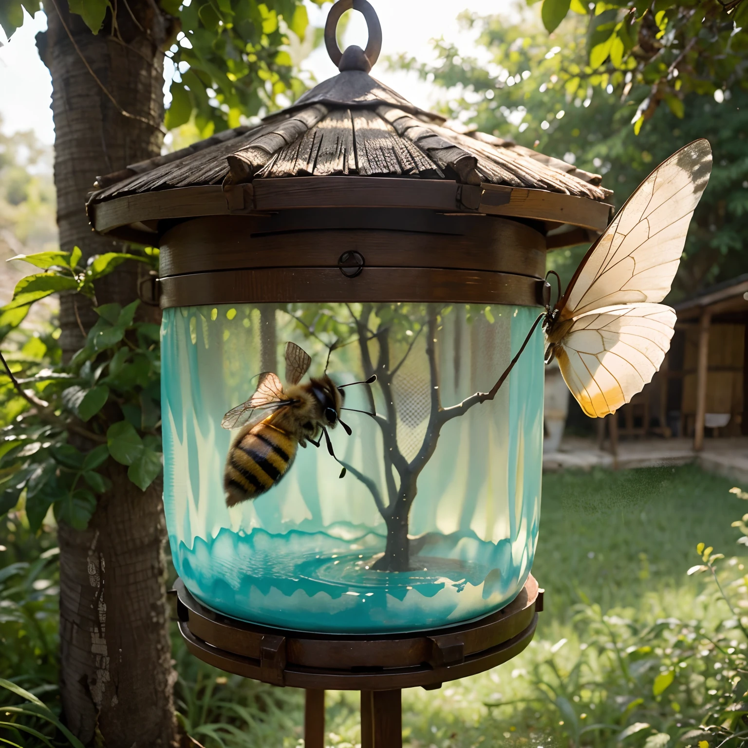 Generate a watercolor-style painting of an enchanting scene with a little bee flying next to a rustic beehive. A colmeia deve estar rodeada por flores coloridas que exalam vivacidade e beleza. A abelhinha deve ser retratada com detalhes impressionantes, highlighting its delicacy and translucent wings. O mel gotejando da colmeia deve parecer suculento e convidativo. The image should convey a sense of serenity and harmony with nature. Make sure that the image quality is as high as possible and that the advanced details of the watercolor style stand out, dando vida a essa cena encantadora
