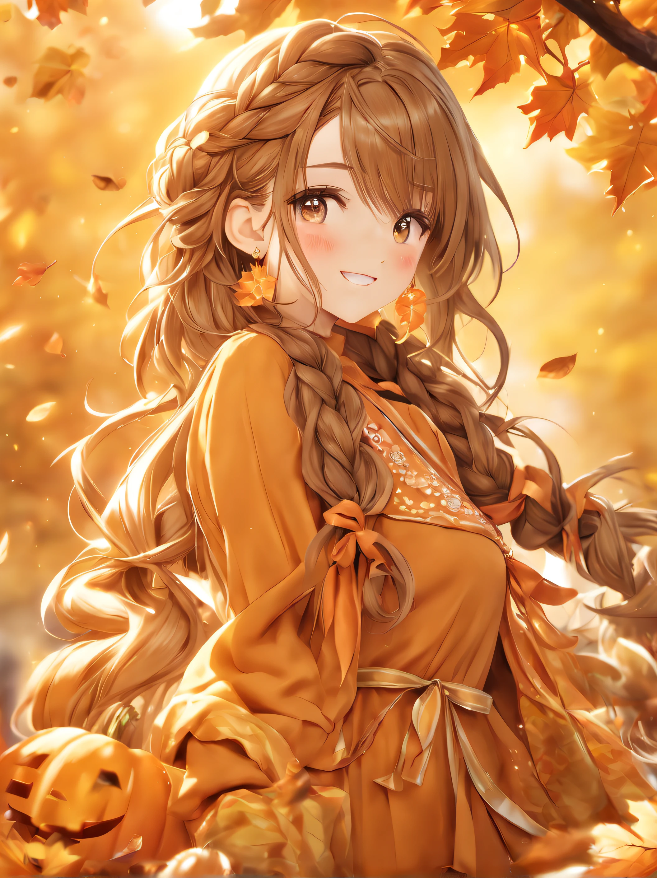 (Best Quality:1.5, Highres, UHD, 8K, Detailed Lighting, Shaders), Brown Long Hair, Braided Layered hairstyle, Orange Ribbon, Orange Cute Dress, (POV), Autumn Background, Happy scene, Colorful Eyeshadow, Dramatic Lighting, Sparkling Eyes, Confident Expression, Golden Earrings, Braided Layered hairstyle, Delicate Facial Features, Soft Skin, High Cheekbones, Stylish Clothing, Autumn Setting, medium body portrait, Looking at viewers, Sharp Focus, Best lighting effects, Very detailed, hyper-detailed, Sharp detailed