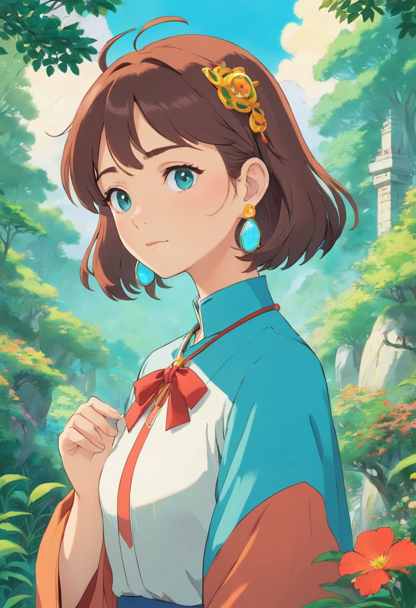 A girl wearing an anime collar, A long necklace and earrings, inthe style of tranquil gardenscapes, colorful animation stills, Masami Teraoka, aquamarine, Paul Gauguin, Amber style, Honest portrayal