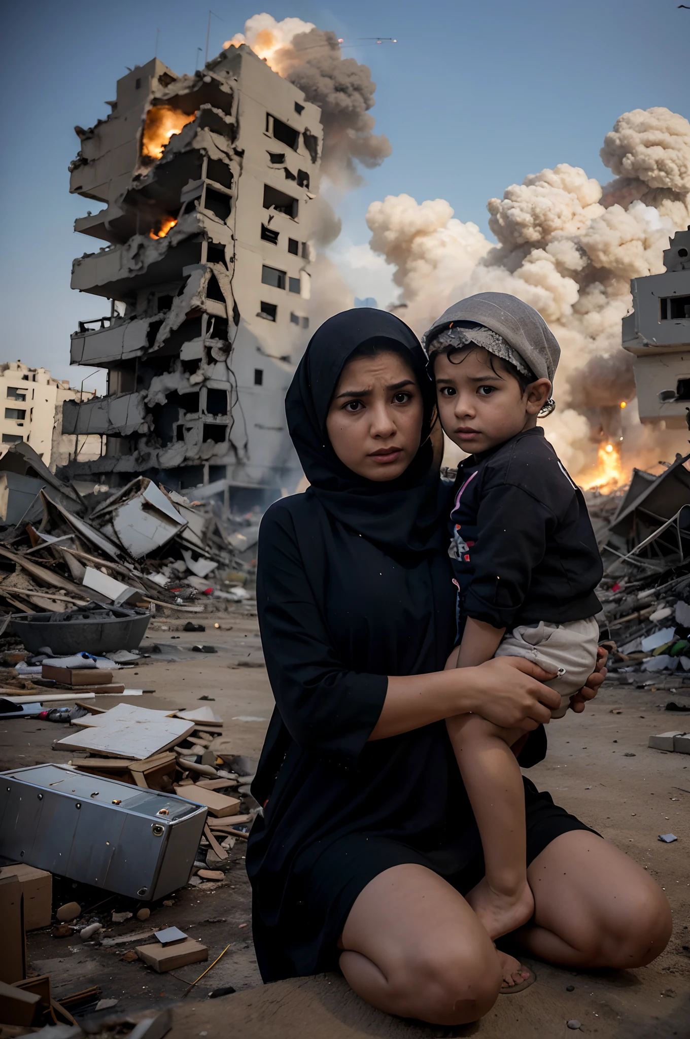 Syrian women and children，In front of the ruins of a burning building, author：Ibrahim Kodra, 8k movie still, author：Herakli Nadal, ( apocalyptic ) 8k, Award-winning movie stills, movie still 8k, Iraqi Nadal, apocalyptic 8k, apocalyptic 8K, Pulitzer Prize for Photography, 4k / 8k, 4K/8K Large Aperture