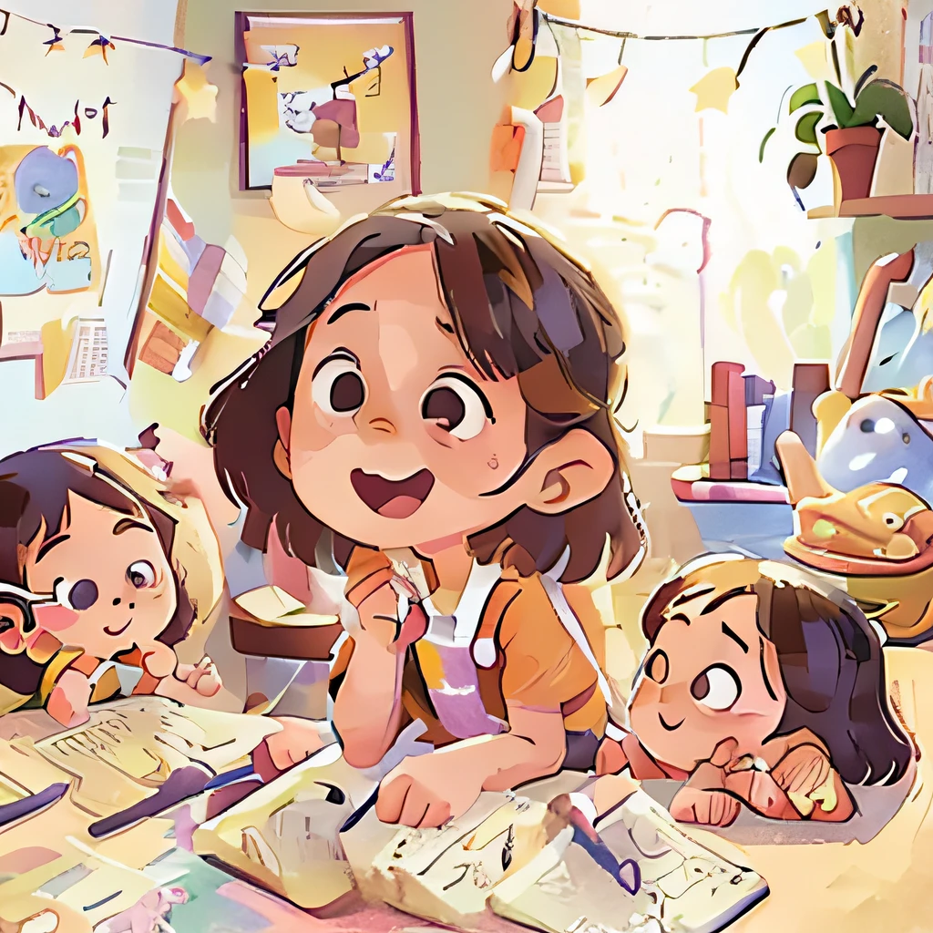 （A girl：1.1，children's：0.9），multiple angle，Sketch style design，Children's illustration style，Pencil and watercolor effects，Realistic facial features，Natural soft light，Fine hair and clothes，Playful bright colors，Joyful expressions，Fictional background，staring right into camera