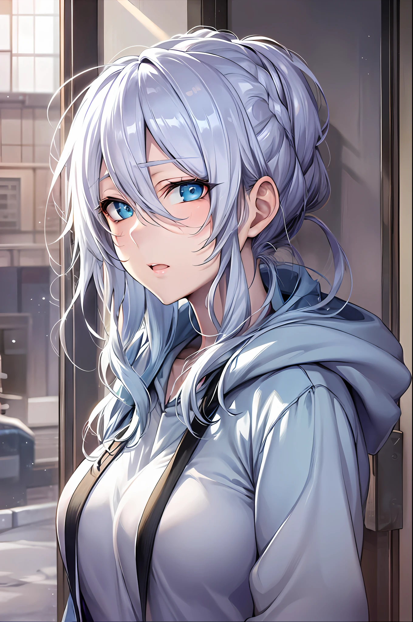 Yukino, Silver hair and  eyes in a black hoodie, anime visual of a cute girl, screenshot from the anime film, & her expression is solemn, in the anime film, in an anime, anime visual of a young woman, she has a cute expressive face, still from anime, perfect breast, sexy pose