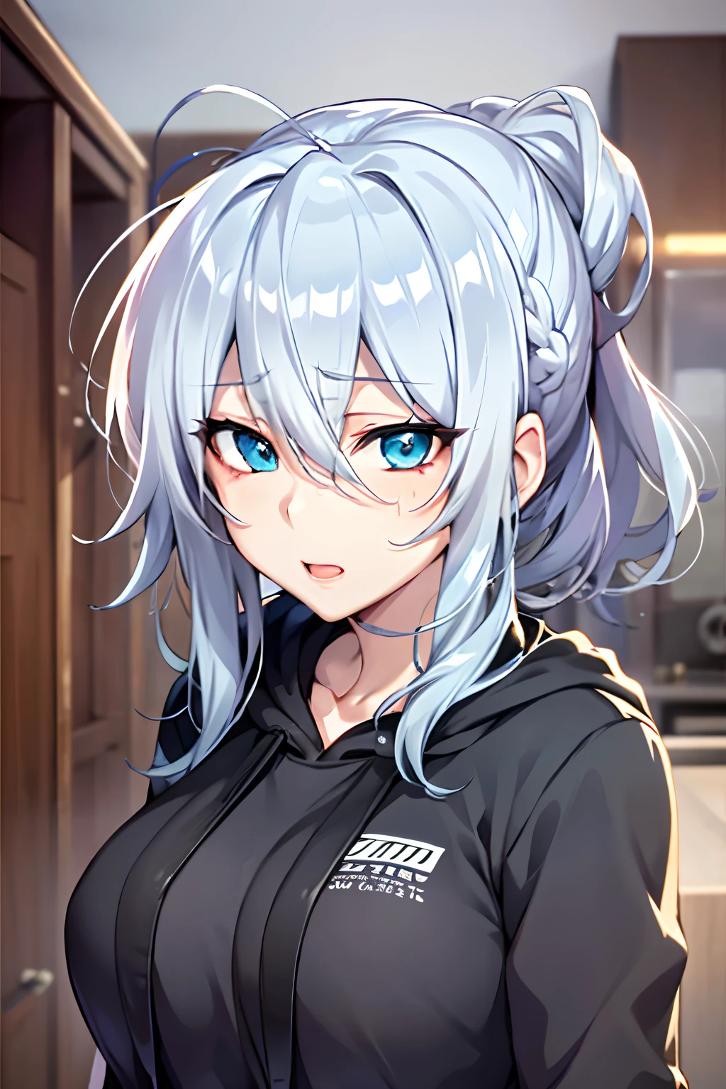 Yukino, Silver hair and eyes in a black hoodie, anime visual of a cute girl, screenshot from the anime film, & her expression is solemn, ahegao face, in the anime film, in an anime, anime visual of a young woman, she has a cute expressive face, still from anime, perfect breast, sexy pose