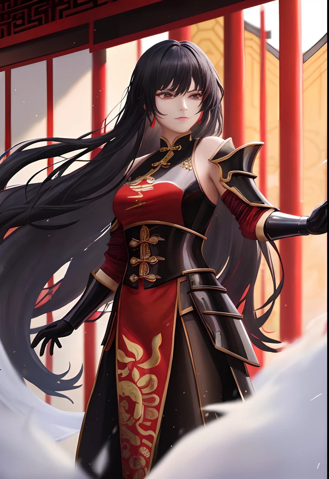 A woman,is dressed in armor,Long black hair,Red robe,He wears long white gloves on his elbows,Chinese Ancient Architecture,
