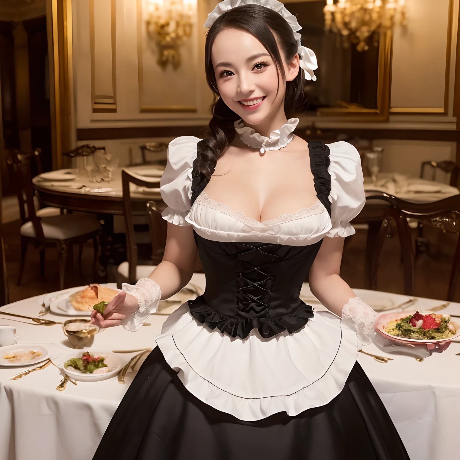 ((1 Beautiful Maid,Adult maid,30-years old,victorian maid, black and white maid uniform,Maid clothes with frills,Luxury Maid Clothing,Long skirt, Victorian Maid Costume,Wearing maid clothes,The background is the VIP room,Rooms in the mansion,mansion,Luxurious room,Detailed decoration of classy VIP rooms,Luxurious dining table,Detailed treats,Sumptuous cuisine fills the table,feast,Sumptuous feast,There are many luxurious dishes lined up,Luxurious tables,Elegant Standing Maid)),(Emphasize body lines,large full breasts,The biggest smile staring at the camera,Looking at the camera,Abundant hairline,Top image quality, Top image quality, ​masterpiece, White teeth,Perfect smile,A big smile staring at the camera,high-definition RAW color photography, professional photograpy, extremely delicate and beautiful, Extremely detailed,finely detail, Huge file size,Top image quality,8K,Photos taken with a single-lens reflex camera)