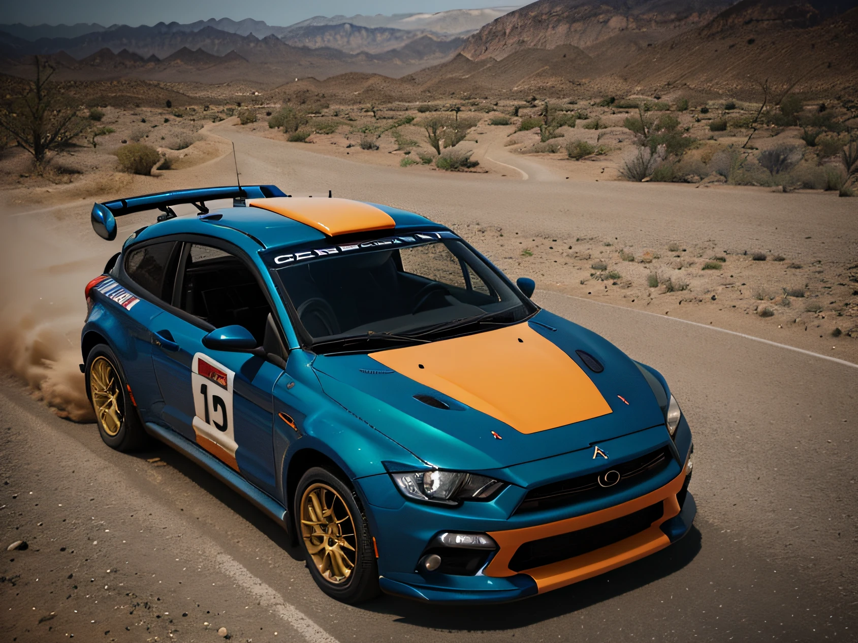 1 car, rally car, fast car, desert, liveries, ultra sharp image, high definition, cinematic lighting, high resolution, high quality, 8k, neoprene, ultra sharp focus, dramatic scene, speedblur