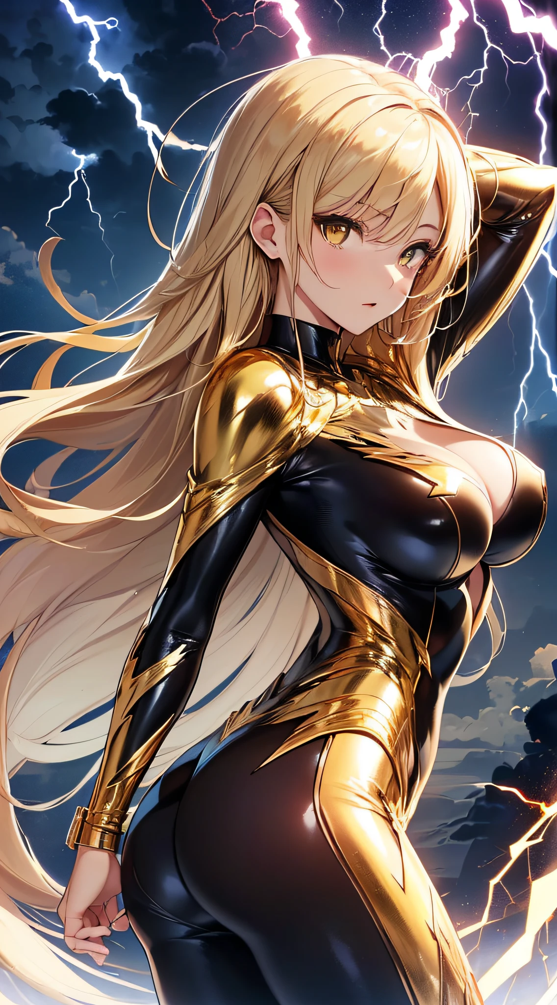 top-quality、Top image quality、masterpiece、girl with((18year old、Best Bust、big bast、Bust 85,beautiful golden eyes、Breasts wide open,Blonde long hair、A slender、Large valleys、Gold Bodysuit,Reflecting the whole body、Open your arms、Gold ring on wrist、Shoot lightning from your hands、posterior view、Turn around、Emphasis on the buttocks))hiquality、Beautiful Art、Background with((nigh sky、black clouds、lightning bolt、Intense thunder、Thunderbolt、Red thunder、Blue lightning strike、Gold Thunder)))masutepiece、visualart、depth of fields、sky at night