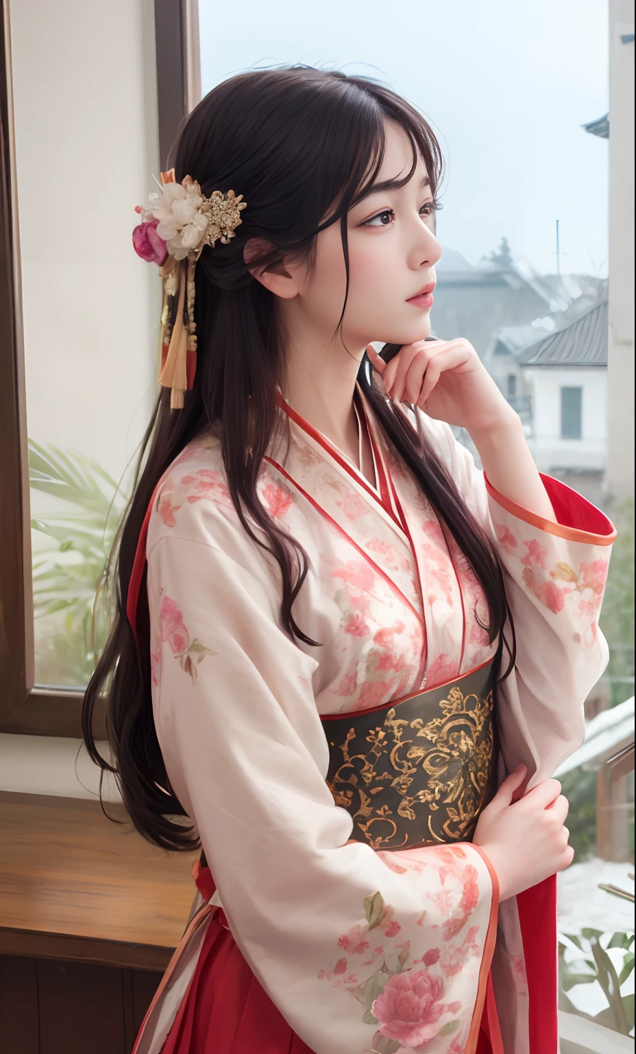 (8k, RAW photo, photorealistic:1.25) ,1 rapariga,Hand dragged chin to the window,Costume,chinoiserie,Classical hairstyles.The light is naturally soft,Delicate facial features,Despressing,20yr old、filmgrain、Real hands、bust、Hanfu、Long hair to the waist,antiquarian,Lazy