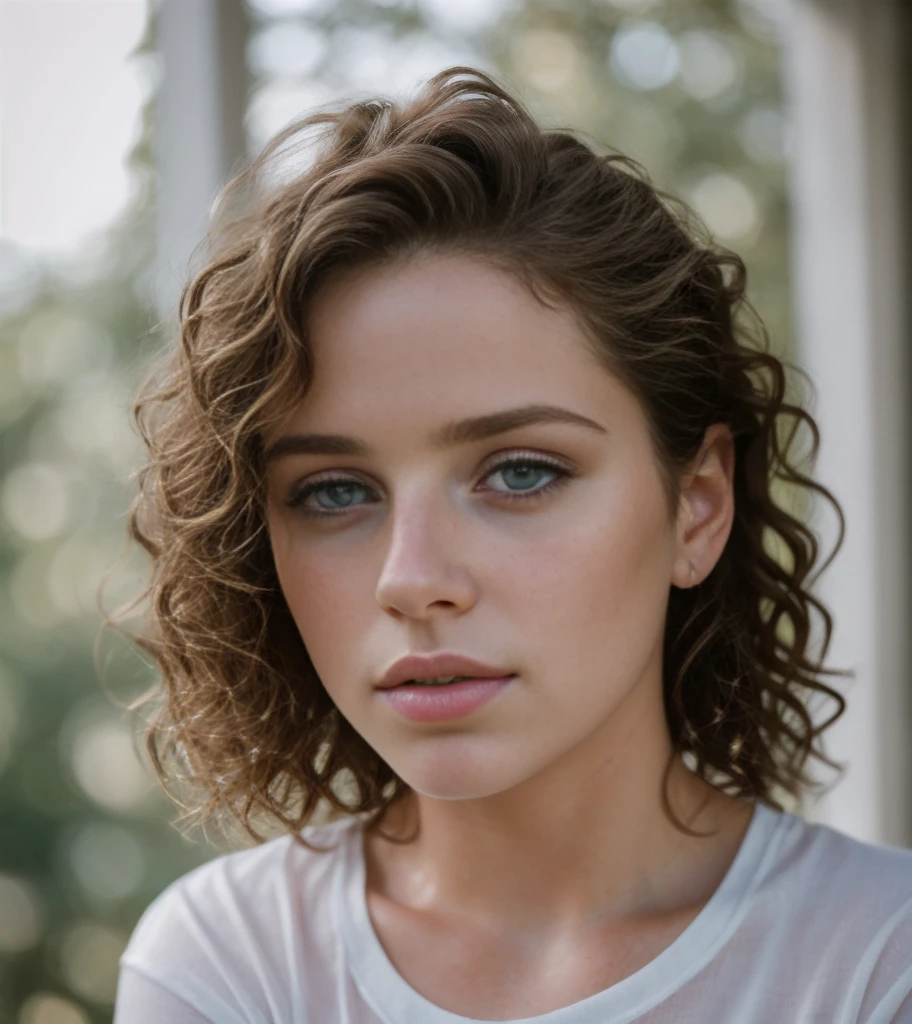 (masterpiece, best quality, high resolution:1.4), 1girl, angel, skin pores texture, Hair brown curly, HD , Photography, movie, cinematic, full Body, Realistic, (8k, RAW photo, best quality, masterpiece:1.2), (realistic, photo-realistic:1.33), best quality, detailed eyes blue, cute,natural lighting, depth of field, film grain, wrinkled skin, sharp, detailed and realistic portrait of a woman ,(freckles:0.5) , outside, wearing a white t shirt, staring at camera, chapped lips, soft natural lighting, portrait photography, magical photography, dramatic lighting, photo realism, ultra-detailed, intimate portrait composition, Leica 50mm,