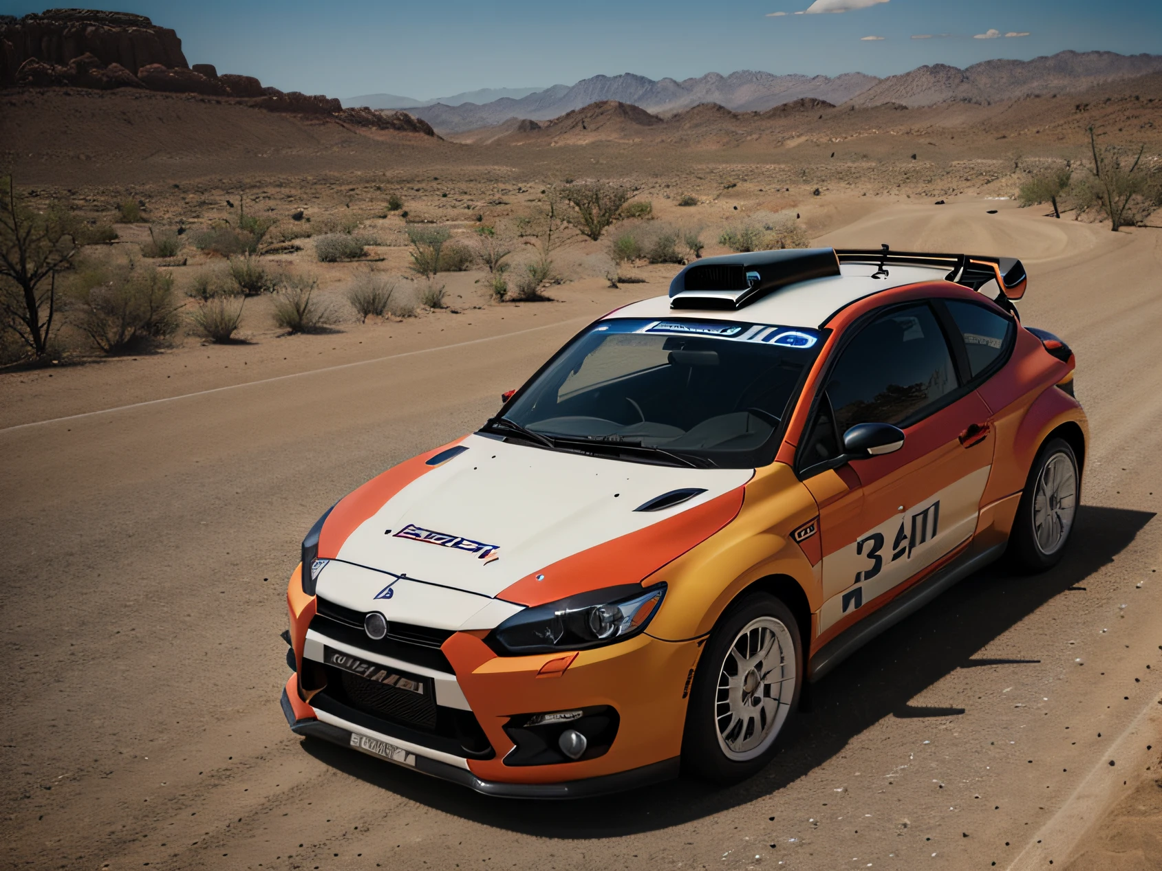 1 car, rally car, fast car, desert, liveries, ultra sharp image, high definition, cinematic lighting, high resolution, high quality, 8k, neoprene, ultra sharp focus, dramatic scene, speedblur