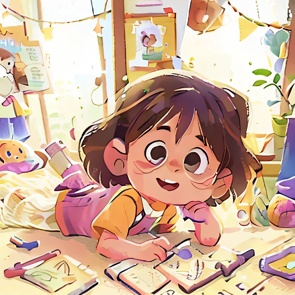 （A girl：1.1，children's：0.9），multiple angle，Sketch style design，Children's illustration style，Pencil and watercolor effects，Realistic facial features，Natural soft light，Fine hair and clothes，Playful bright colors，Joyful expressions，Fictional background，staring right into camera