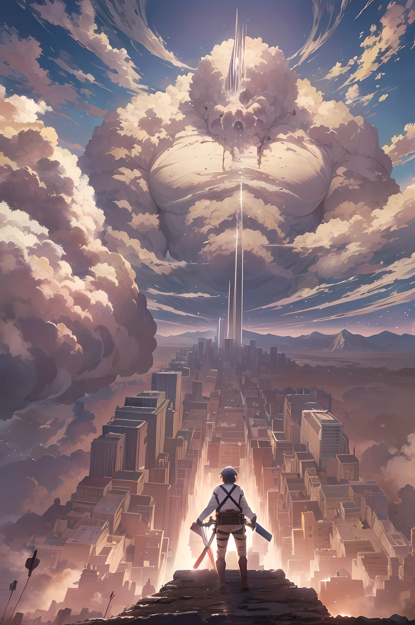 Attack on titan, giant, huge wall, 1man, war, beautiful sky, panorama