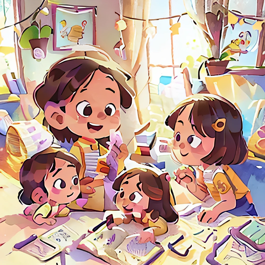 (A girl:1.1,children's:0.9),multiple angle,Sketch style design,Children's illustration style,Pencil and watercolor effects,Realistic facial features,Natural soft light,Fine hair and clothes,Playful bright colors,Joyful expressions,Fictional background,staring right into camera