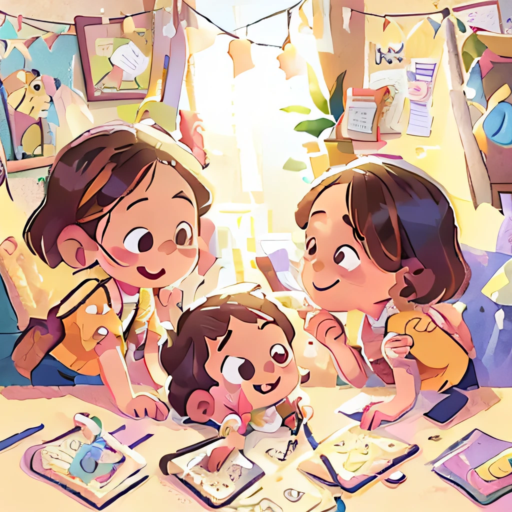 (A girl:1.1,children's:0.9),multiple angle,Sketch style design,Children's illustration style,Pencil and watercolor effects,Realistic facial features,Natural soft light,Fine hair and clothes,Playful bright colors,Joyful expressions,Fictional background,staring right into camera