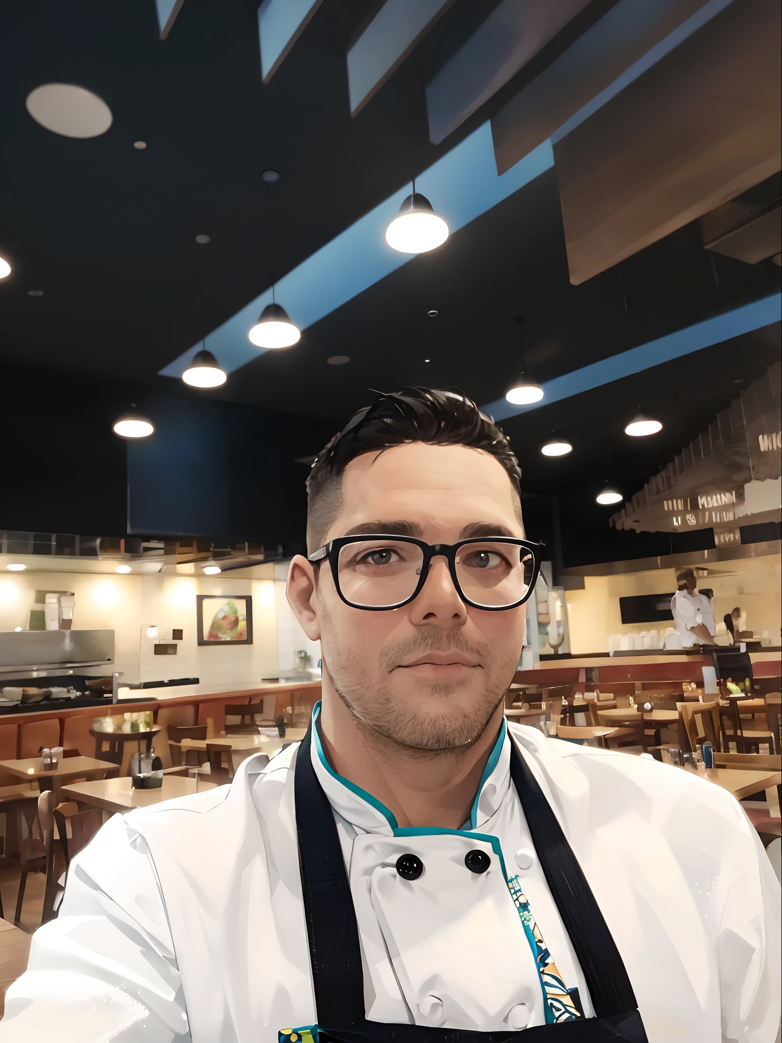 There's a man wearing an apron and glasses in a restaurant, standing in a restaurant, Directed by: Robbie Trevino, assunto completo mostrado na foto, Paulo Heaston, 3 2 anos, melhor chef, Retrato no meio da foto, 2 9 anos, 2 8 anos, 3 6 anos, Directed by: Randy Gallegos, Looking towards the camera