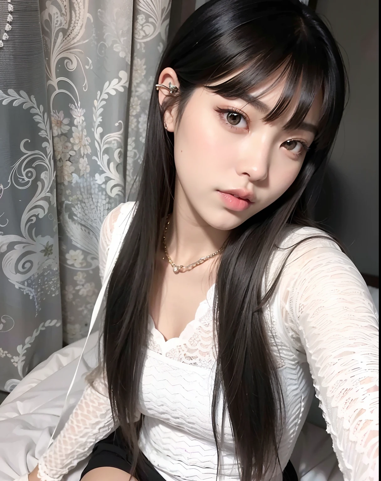 Arafed asian woman with long black hair sitting on a bed, com franja, Lalisa Manobal, com franja completa, Ela tem cabelo preto com franja, coreana, cabelos longos com franja, cabelo arrumado com franja, Ulzzang, cabelo comprido com franja completa, Lalisa Manoban do Blackpink, franja central separada, Mulher sul-coreana bonita