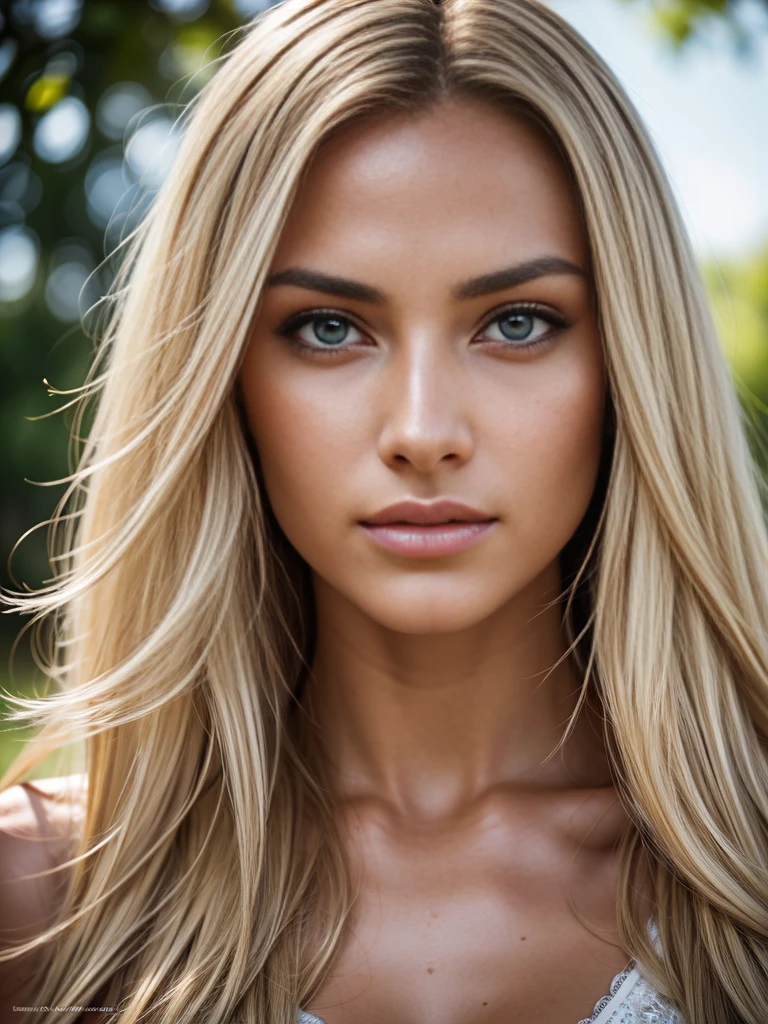 ((half body)) portrait photo of a beautiful 25 years european woman, endless long (extra long curly  blonde hair), [[[[chest]]]] [[[[neck]]] [shoulders]]]]], Award - winning photograph, Masterpiece, 8k, ultra high res, hyper detailed, beautiful woman, perfect face, rule of thirds, Perfect eyes, Perfect iris, perfect pupils, (perfectly round iris:1.3), Perfect lips, Perfect teeth, dimples, perfect nose, highly detailed hair, ((detailed face)), ((detailed facial features)), (finely detailed skin), tanned skin, realistic skin texture, extreme skin details, (pores:0.1),(sweaty:0.8), insane details, intricate details, amazing fine detail, photorealistic, photograph, photorealism, rich colors, lifelike texture, neutral colors, Soft front light,cinematic lighting, dramatic lighting,dappled light on face, backlight on hair, sharp focus, wide angle, film grain, dslr, raw photo, photographed on Nikon