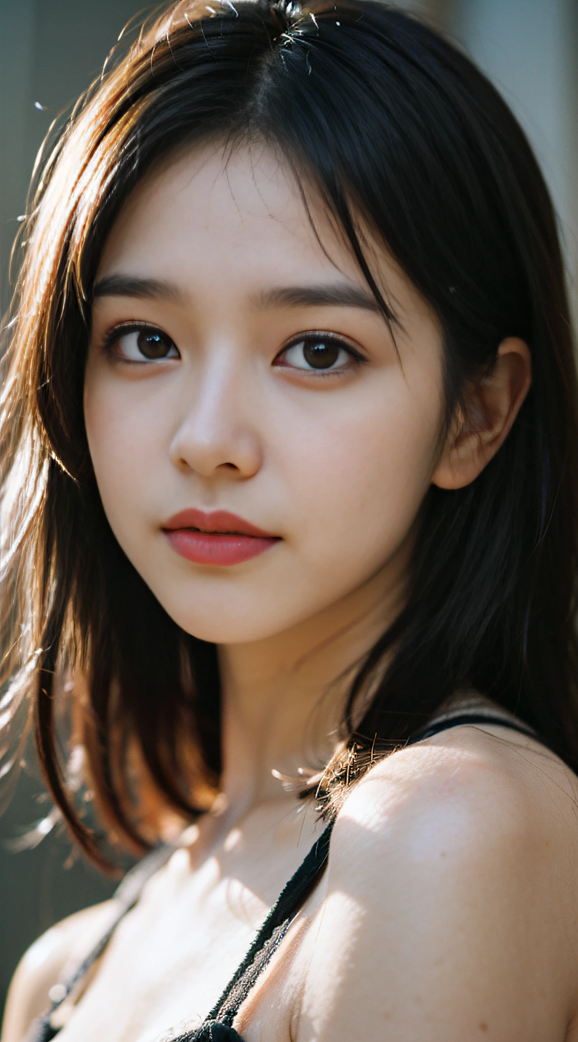 Film Portrait Photography、1girl、bare shoulders、wavy shoulder length hair、calm、calm、(Realistic detailed eyes、natural skin textures、Realistic face details)、Soft dramatic lighting、depth of fields、bokeh dof、vibrant detail、detaile、A hyper-realistic、35mm film、Blurring、japanes
