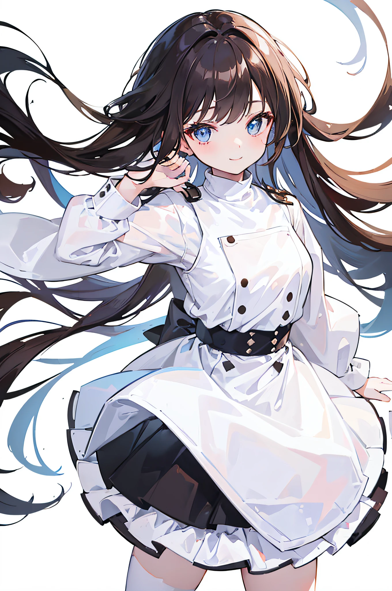 1girl, (White background, Solid white background:1.5), (masterpiece:1.2), original character, Wear black skirt and white shirt, best quality, full body, brown hair, confident, vibrant, smile,