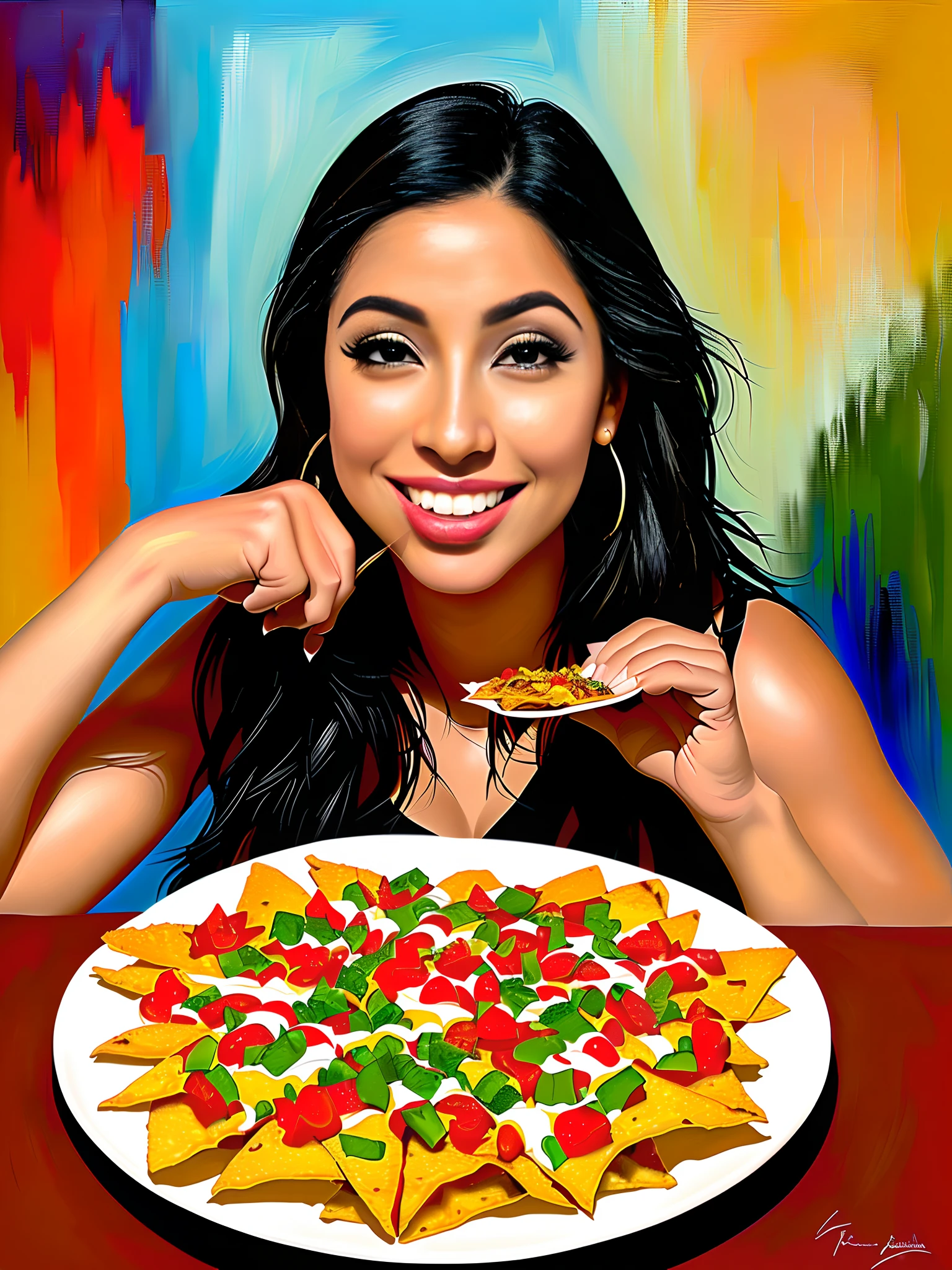 A mesmerizing depiction of a passionate Latina indulging in a plate of delectable nachos is presented in this visually stunning artwork. Painted with meticulous attention to detail, the scene showcases the undeniable beauty of the subject, as her expressive eyes reflect both joy and satisfaction. The vibrant colors of the nachos pop against the rich backdrop, further enhancing the overall composition. This expertly crafted painting captures a moment of pure enjoyment, evoking a sense of warmth and excitement within the viewer.