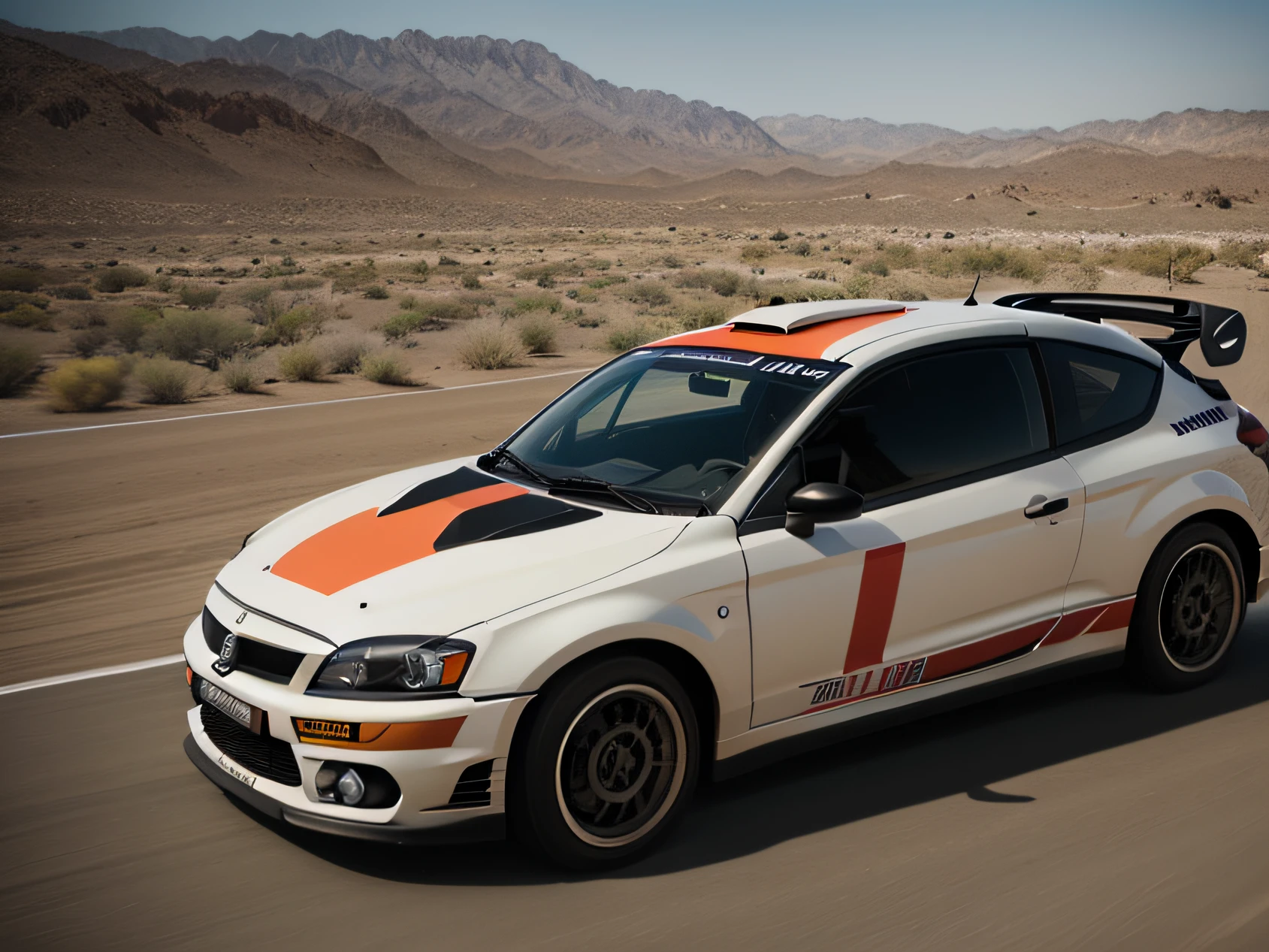 1 car, rally car, fast car, desert, liveries, ultra sharp image, high definition, cinematic lighting, high resolution, high quality, 8k, neoprene, ultra sharp focus, dramatic scene, speedblur