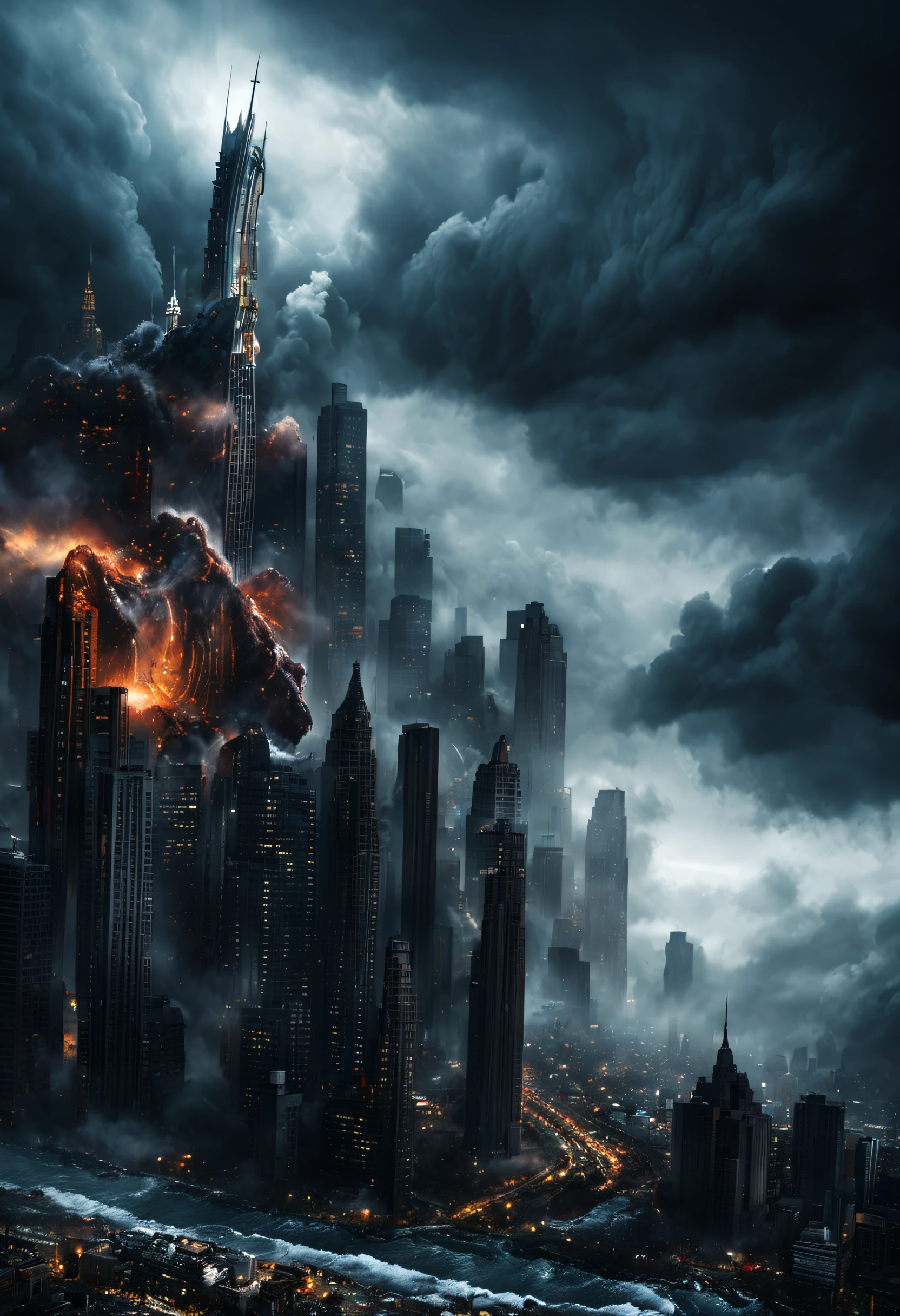 (best quality,4k,8k,highres,masterpiece:1.2),ultra-detailed,(realistic,photorealistic,photo-realistic:1.37),despairing giant,angelic and demonic beings,powerful monster,gleaming swords,majestic and dark atmosphere,modern cityscape,furious water,stormy weather,destruction,helicopters capturing the scene