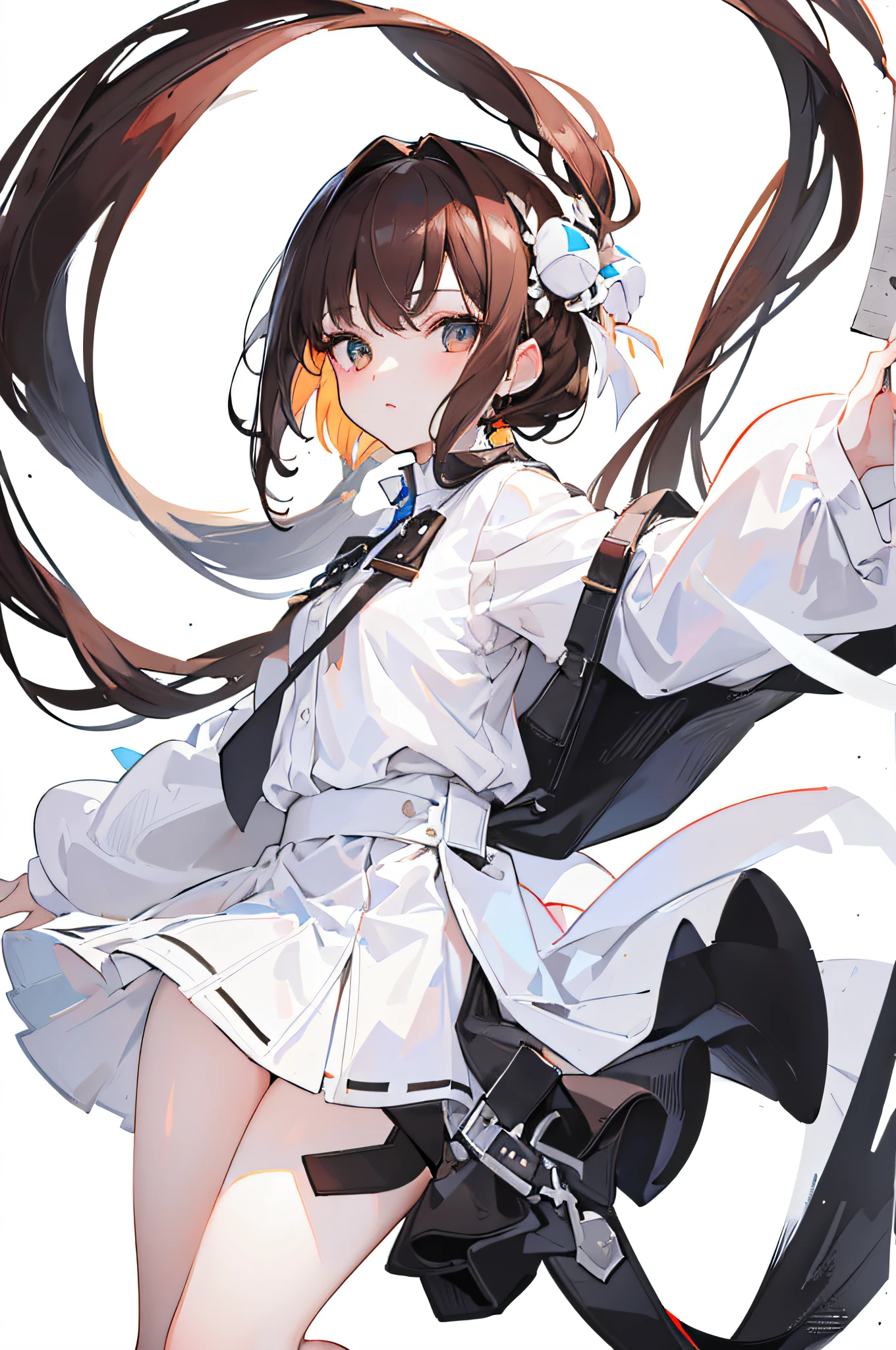 1girl, (White background, Solid white background:1.5), (masterpiece:1.2), original character, Wear black skirt and white shirt, best quality, full body, brown hair, confident, vibrant,