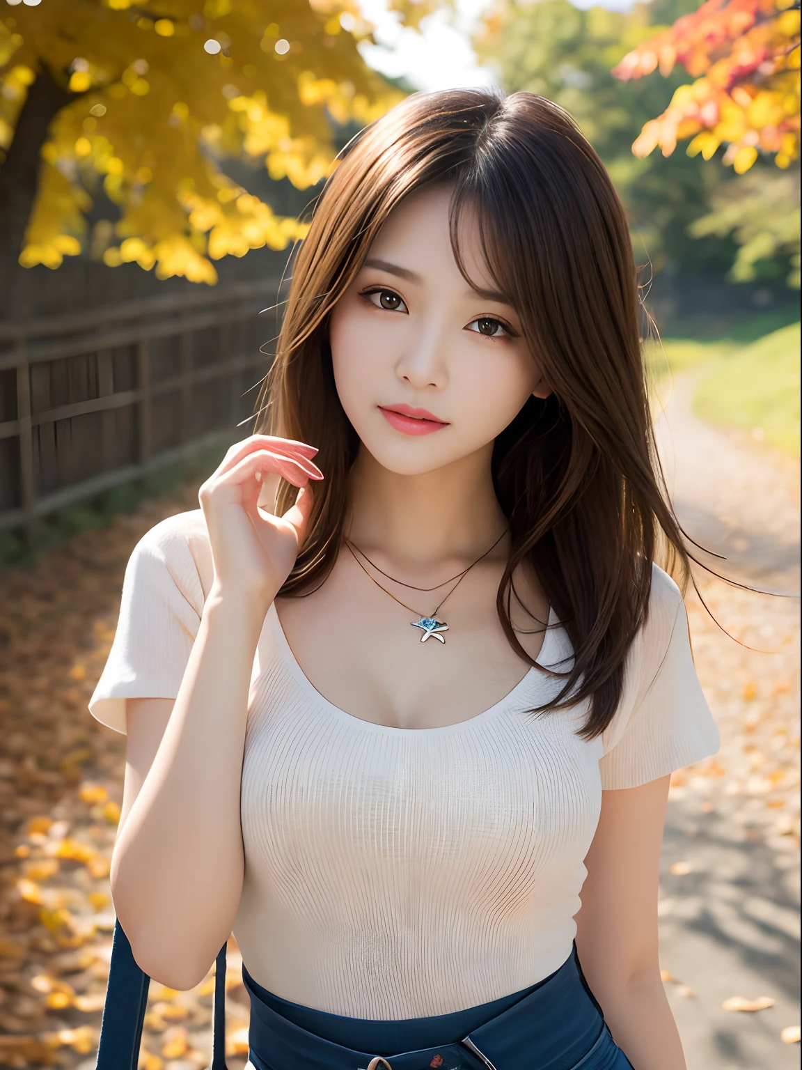 best qualtiy，tmasterpiece，超A high resolution，（真实感：1.4），RAW photogr，dark brown hair、smil、professional photograpy、Same skin type as humans、Female proofreading of Japan from head to foot、Blur the background、Draws faithfully to anatomy、Very detailed and beautiful、Ultra-high image quality、Hair swaying and sexy、Very detailed beautiful girl、the pose、Semi-long hair、a necklace、station、Diamond、head to waist、Colored leaves、momiji、Autumn sky、