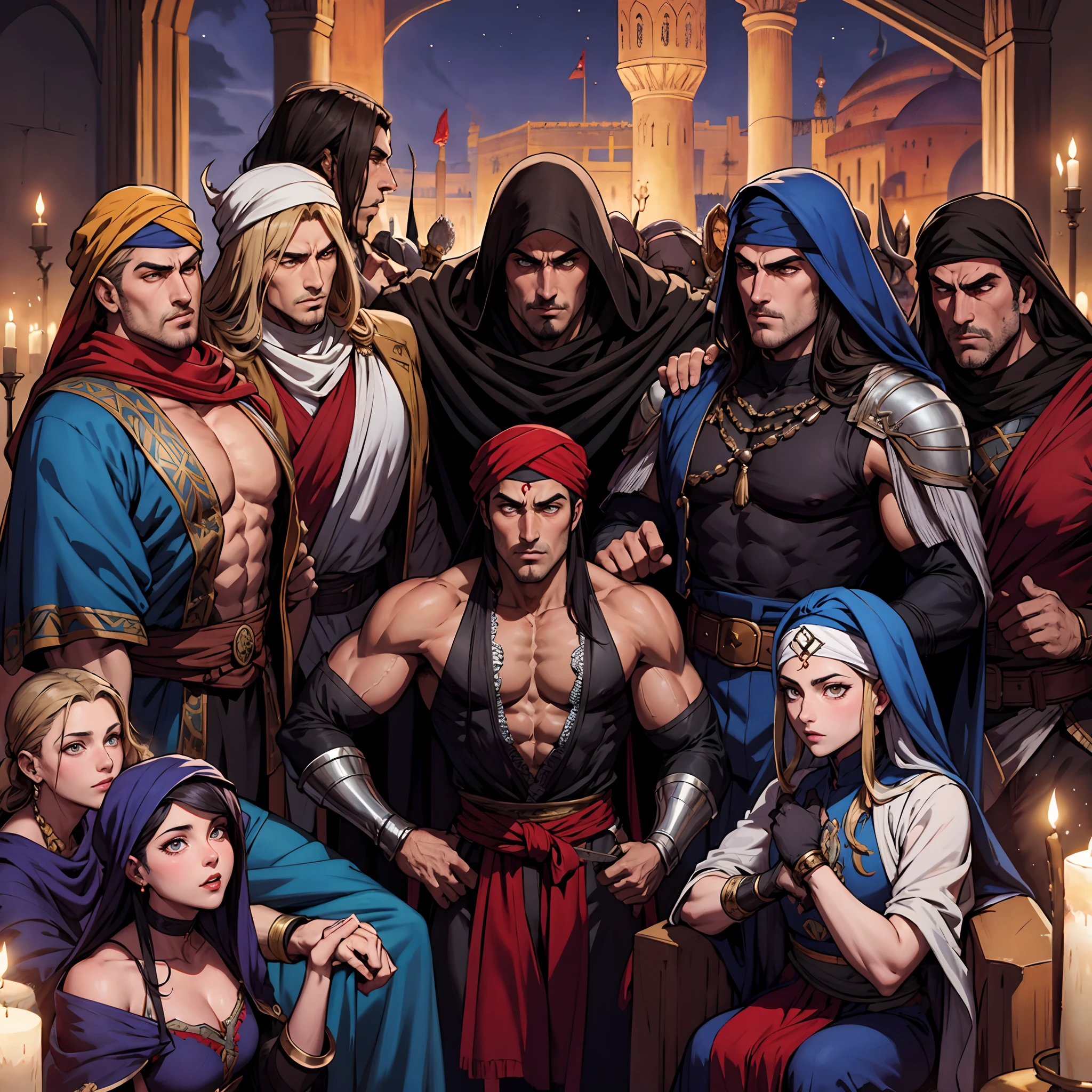Moroccan islamic Castlevania seigneur de l’ombre hyper réaliste super détaillé plan dynamique pièce maîtresse scène de Arabian moroccan red turban hokuto no ken kenshiro Lord Dracula menant des troupes armée de démons au combat détails pointus hokuto no ken kenshiro muscular handsome warrior s style