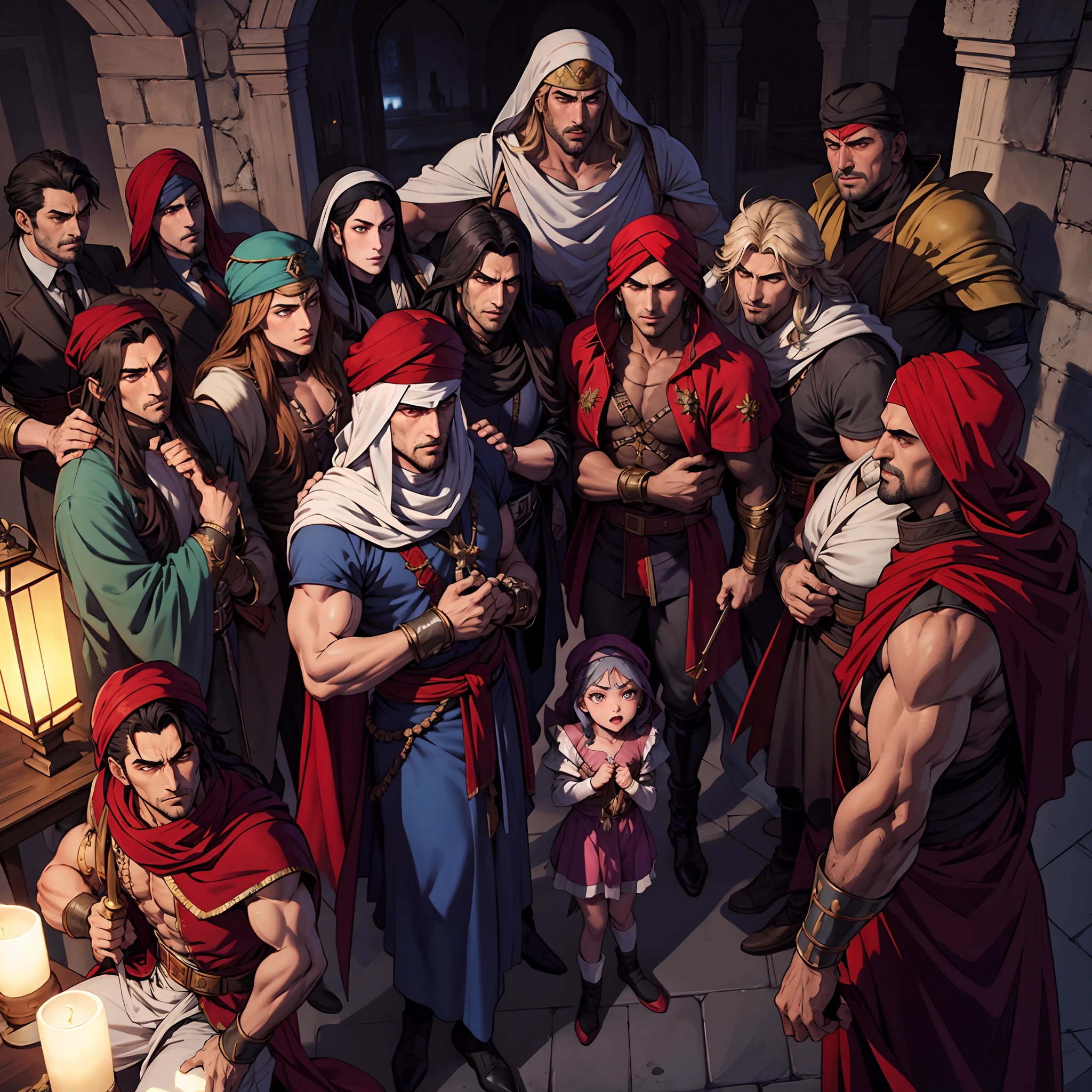 Moroccan islamic Castlevania seigneur de l’ombre hyper réaliste super détaillé plan dynamique pièce maîtresse scène de Arabian moroccan red turban hokuto no ken kenshiro Lord Dracula menant des troupes armée de démons au combat détails pointus hokuto no ken kenshiro muscular handsome warrior s style