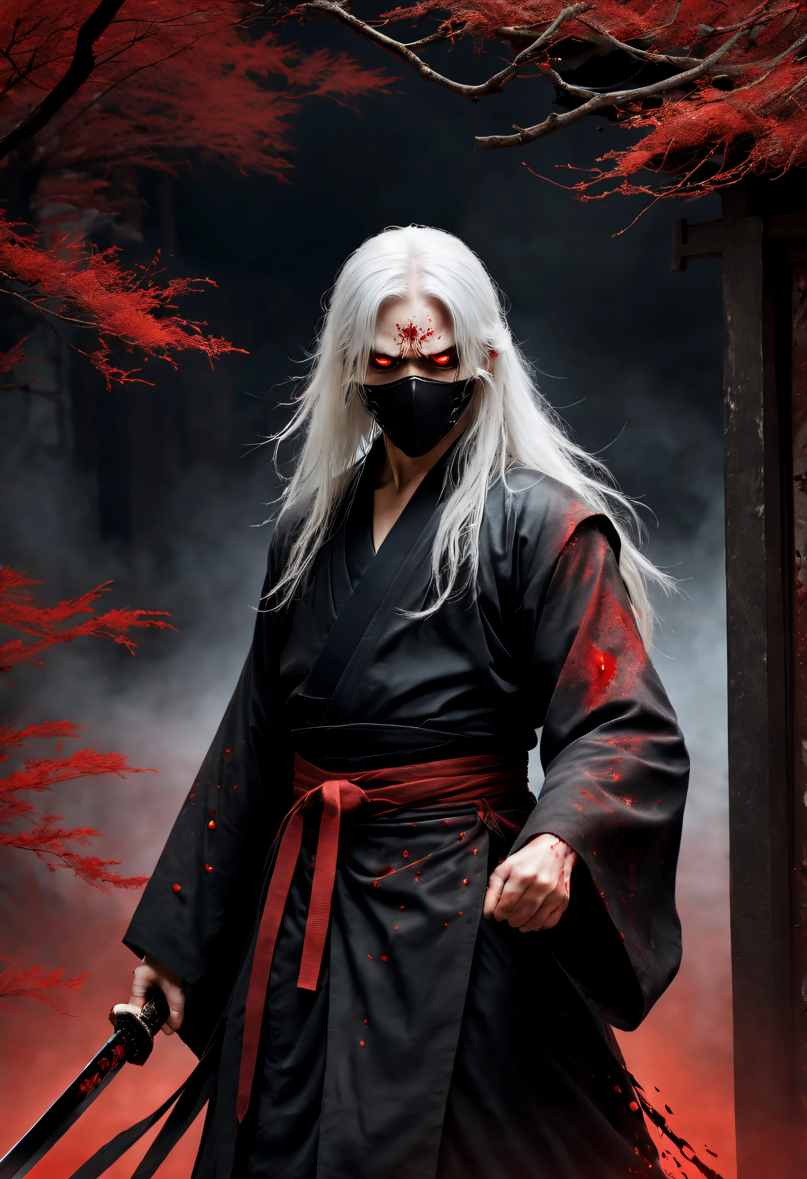 Terrible martial arts,With a mask,Holding a menacing sword,Dressed in black tattered robes,Long white hair,luminous red eyes,Intimidating presence,((Blood splattered)),Dark and mysterious,Twisted branches,The mist rolled in,Moonlight illuminated the scene,dark palette,Subtle orange and red,Crumbling stone buildings,Remote location,mystical aura,hauntingly beautiful.(Best quality,4K,A high resolution,Masterpiece:1.2),Ultra-detailed,Realistic
