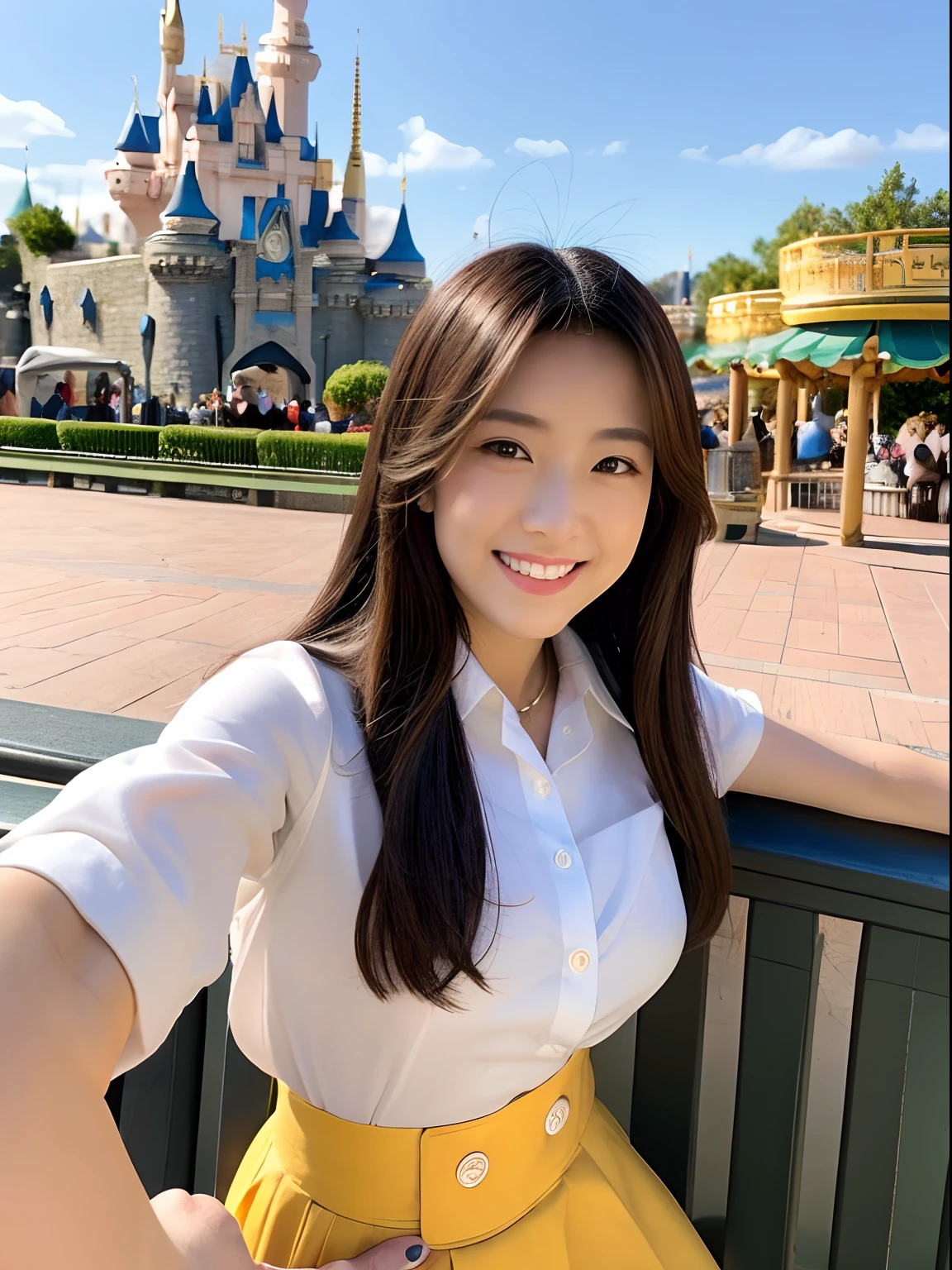 One woman、nudde、Yellow skirt、White blouses、is standing、huge tit、full bodyesbian、kawaii faces、美丽的面容、a smile、semi long hair、Brown hair、brown-eyed、from the front side、looking at viewert、Disney land、​masterpiece、Very fine and beautiful、Photorealsitic、japanes