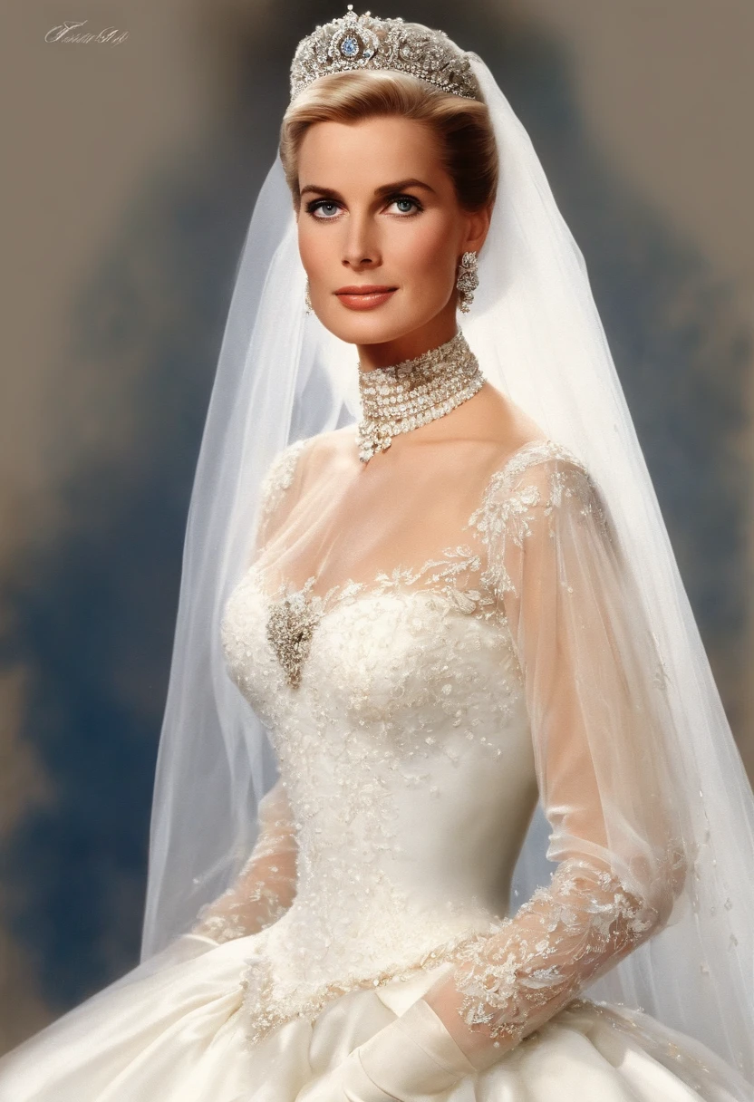 1980s style, Design sketch, Princess Grace's royal wedding dress updated for the late 1980's with a Cinderella aesthetic, influenced by Princess Diana's and Sarah Ferguson's wedding dresses