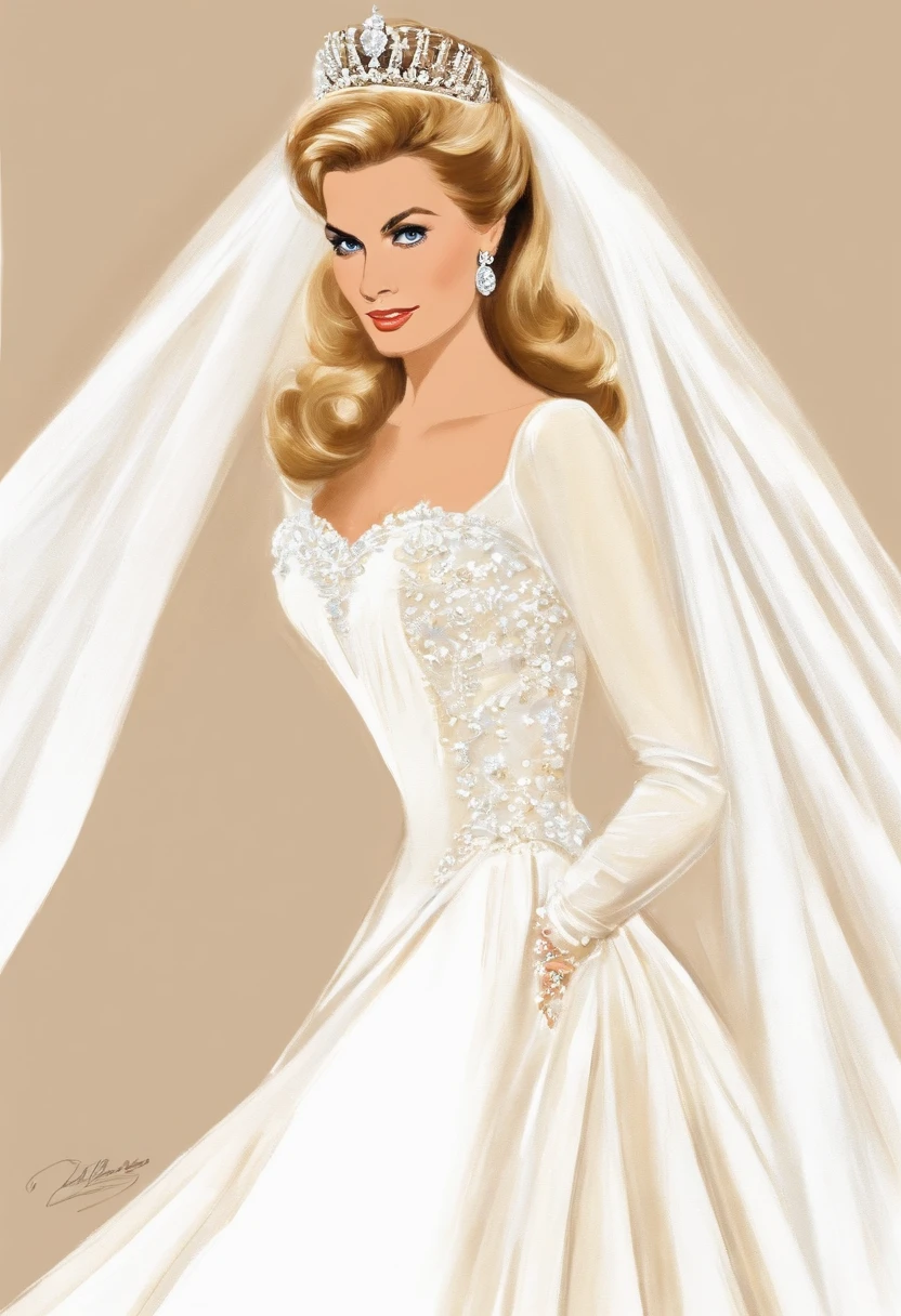 1980s style, Design sketch, Princess Grace's royal wedding dress updated for the late 1980's with a Cinderella aesthetic, influenced by Princess Diana's and Sarah Ferguson's wedding dresses